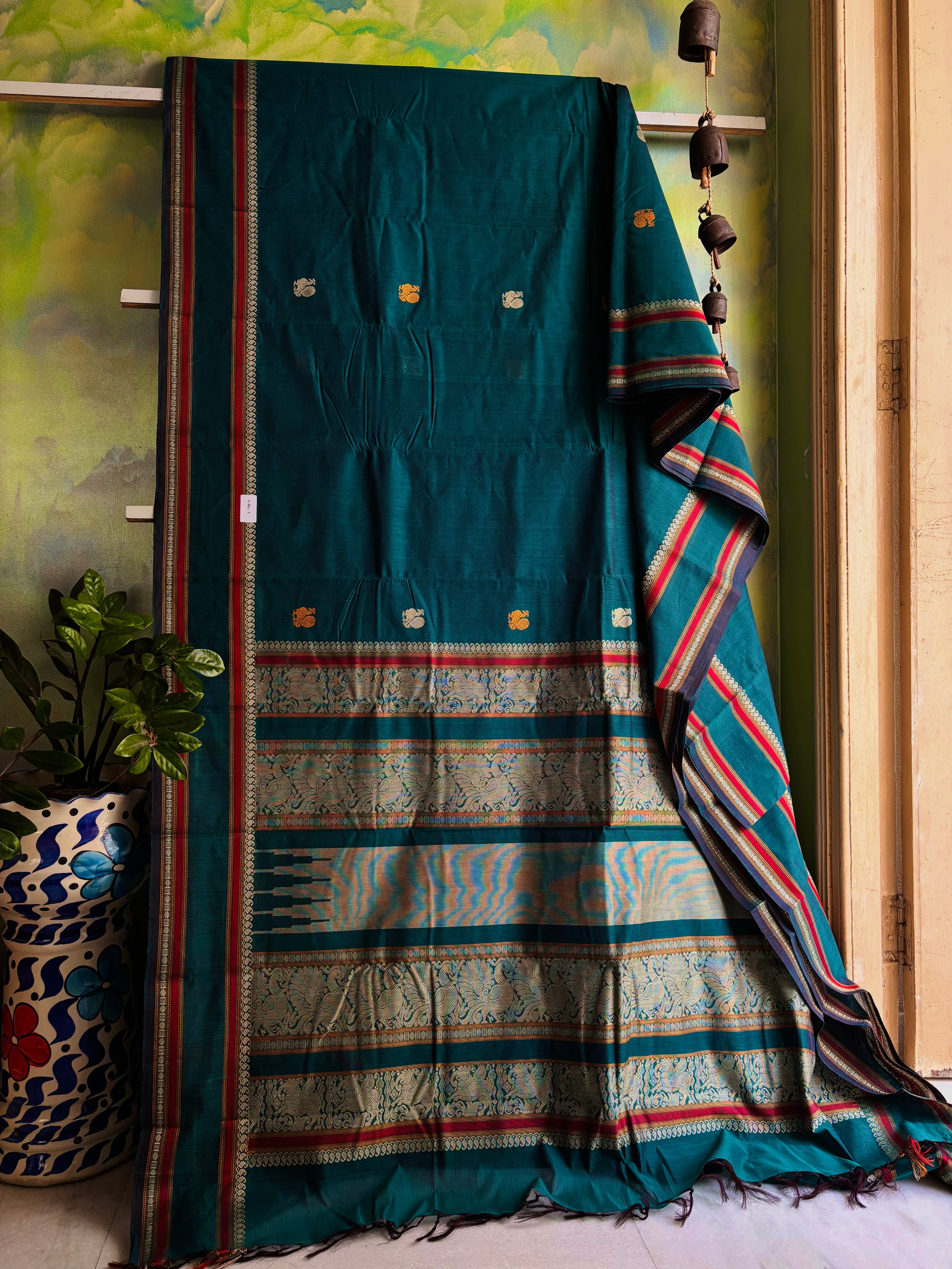 Handwoven Peacock Blue Cotton Kanchipuram Saree