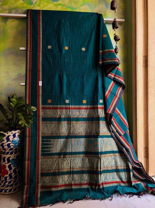 Handwoven Peacock Blue Cotton Kanchipuram Saree