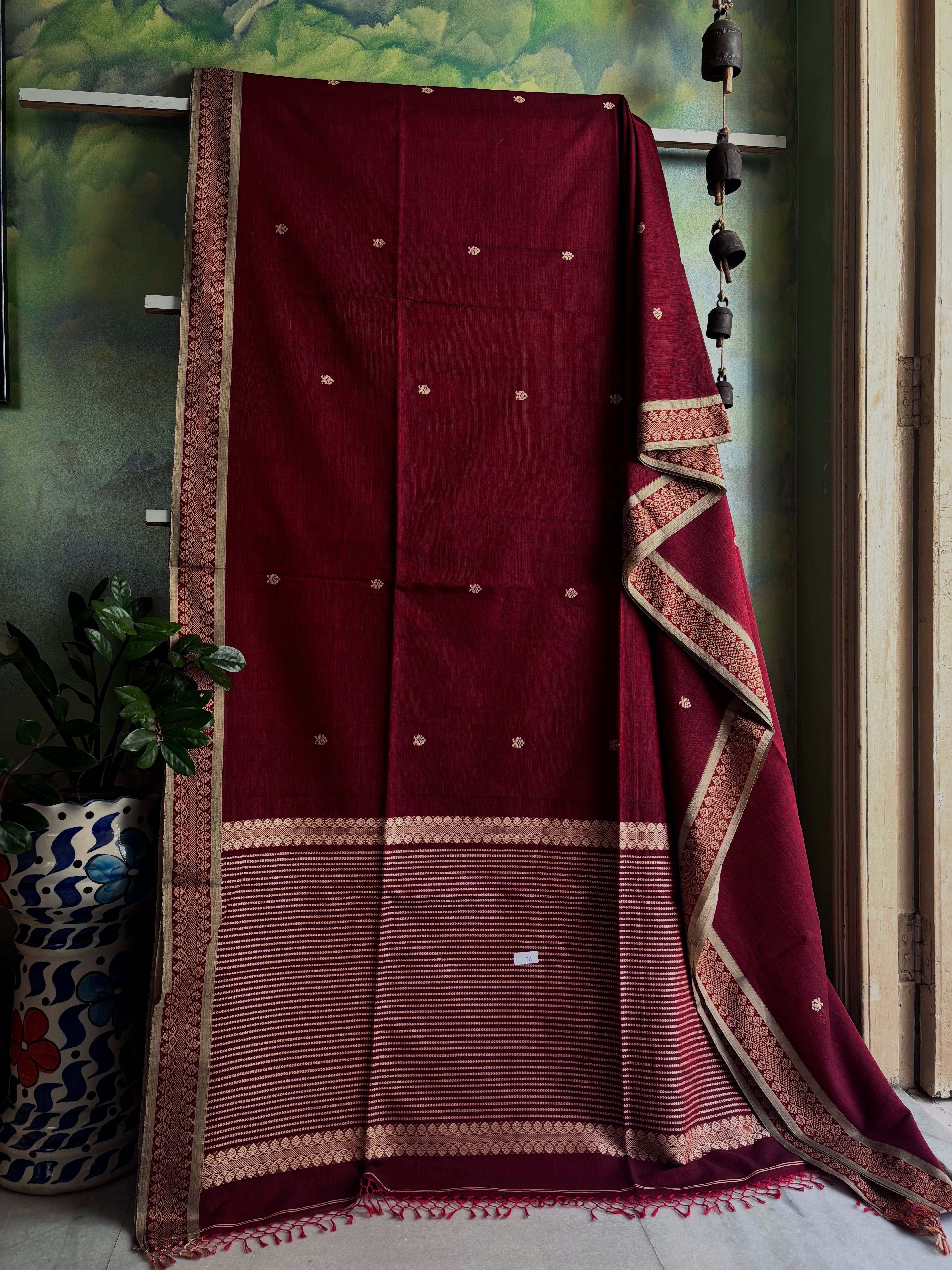 Handwoven Maroon Beige Phulia Cotton Saree