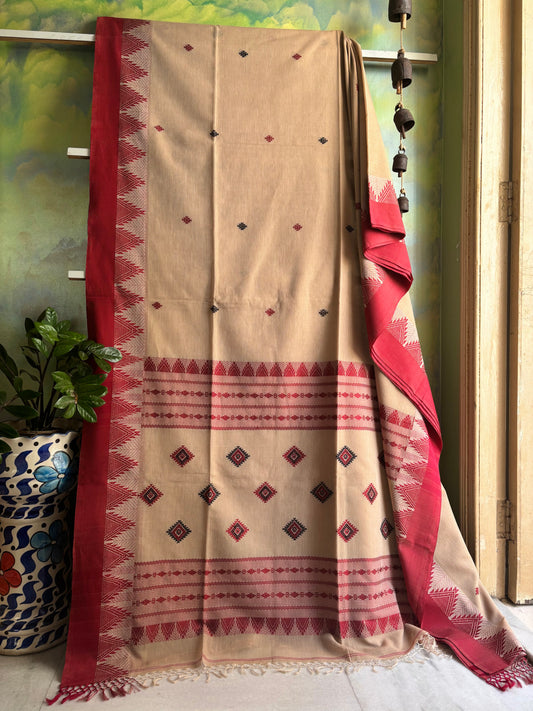 Handwoven Beige Red Phulia Cotton Saree