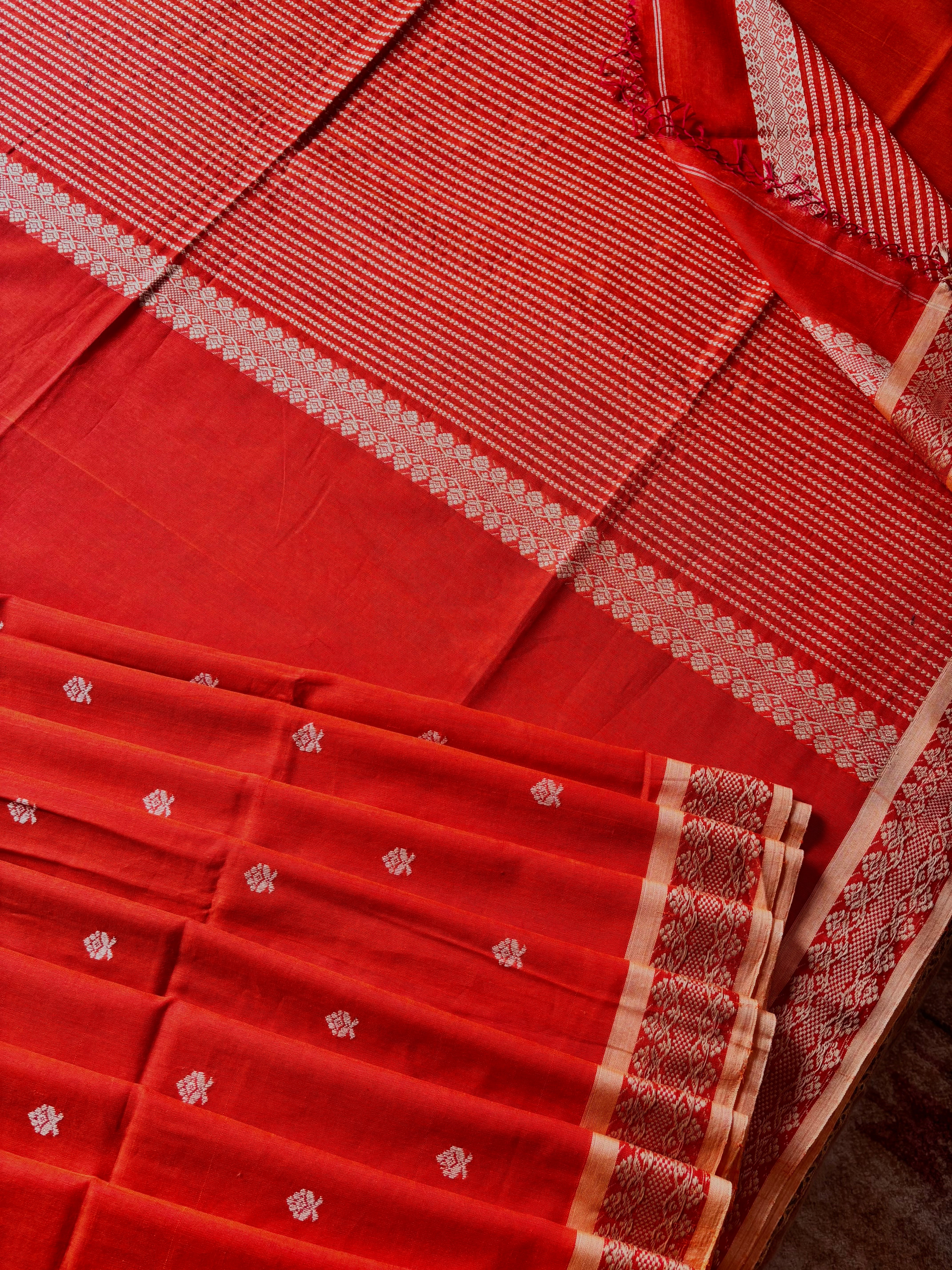 Handwoven Orange Colour Phulia Cotton Saree