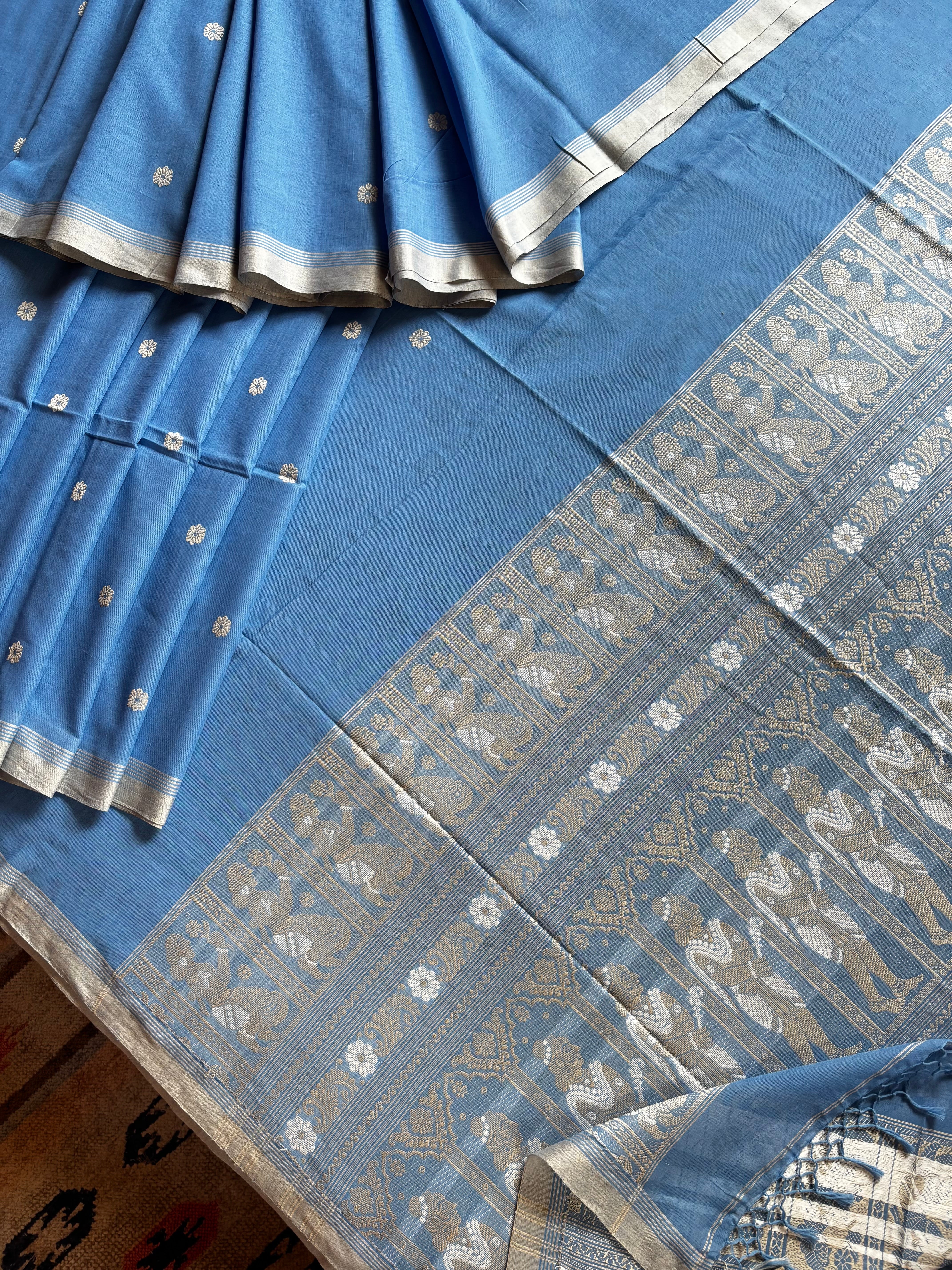 Handwoven Light Blue Colour Cotton Baluchari Saree
