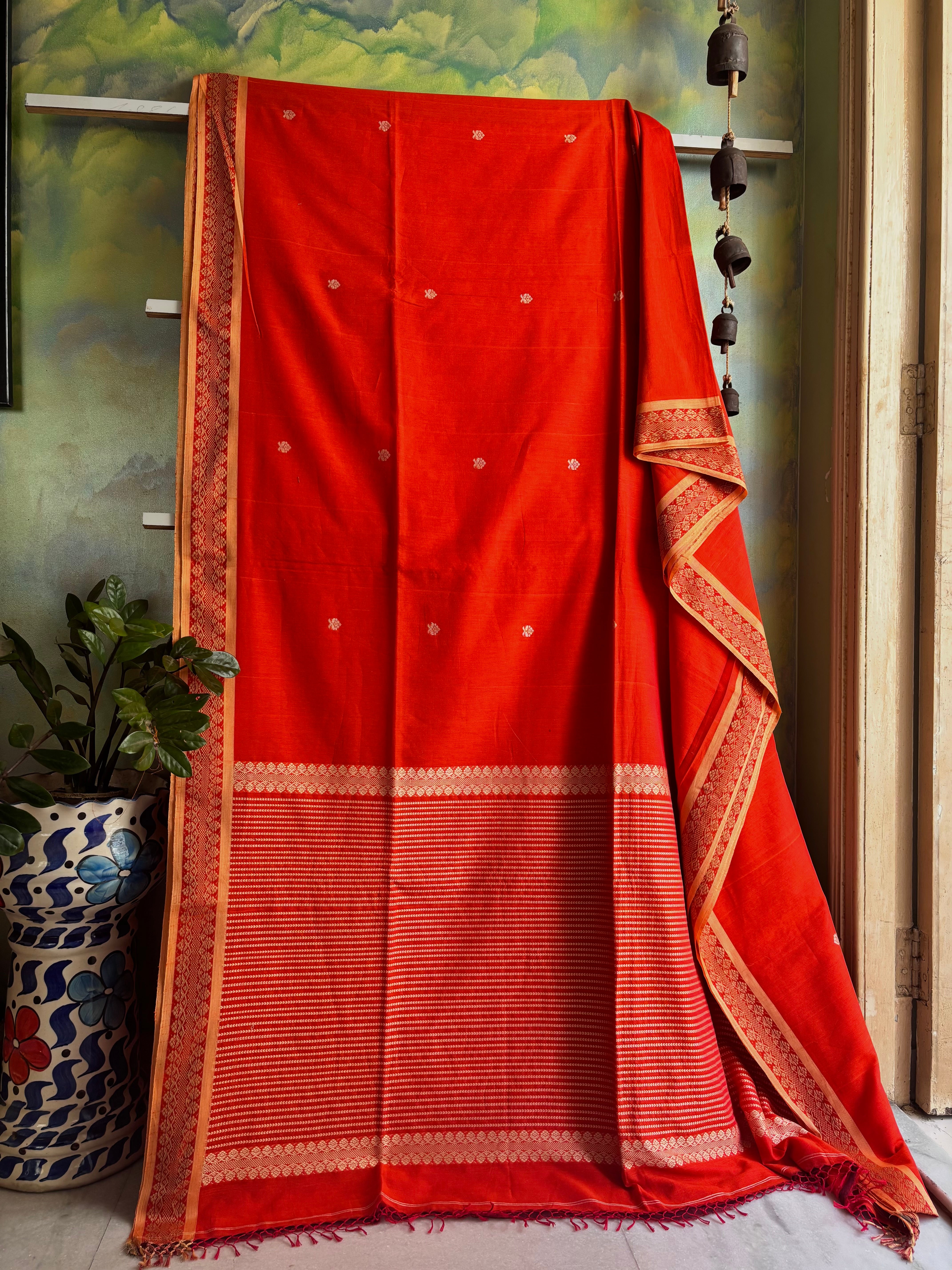 Handwoven Orange Colour Phulia Cotton Saree