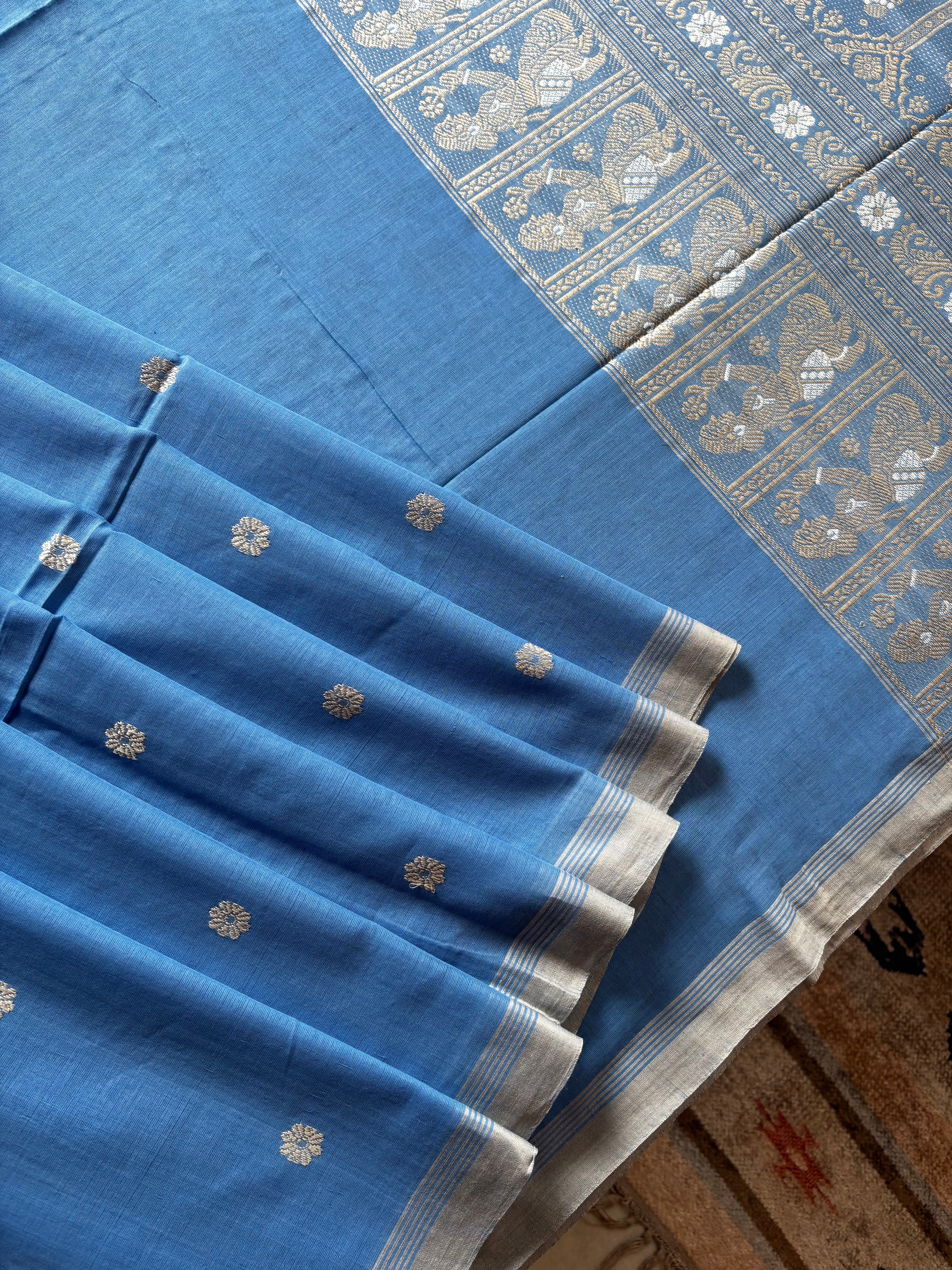 Handwoven Light Blue Colour Cotton Baluchari Saree
