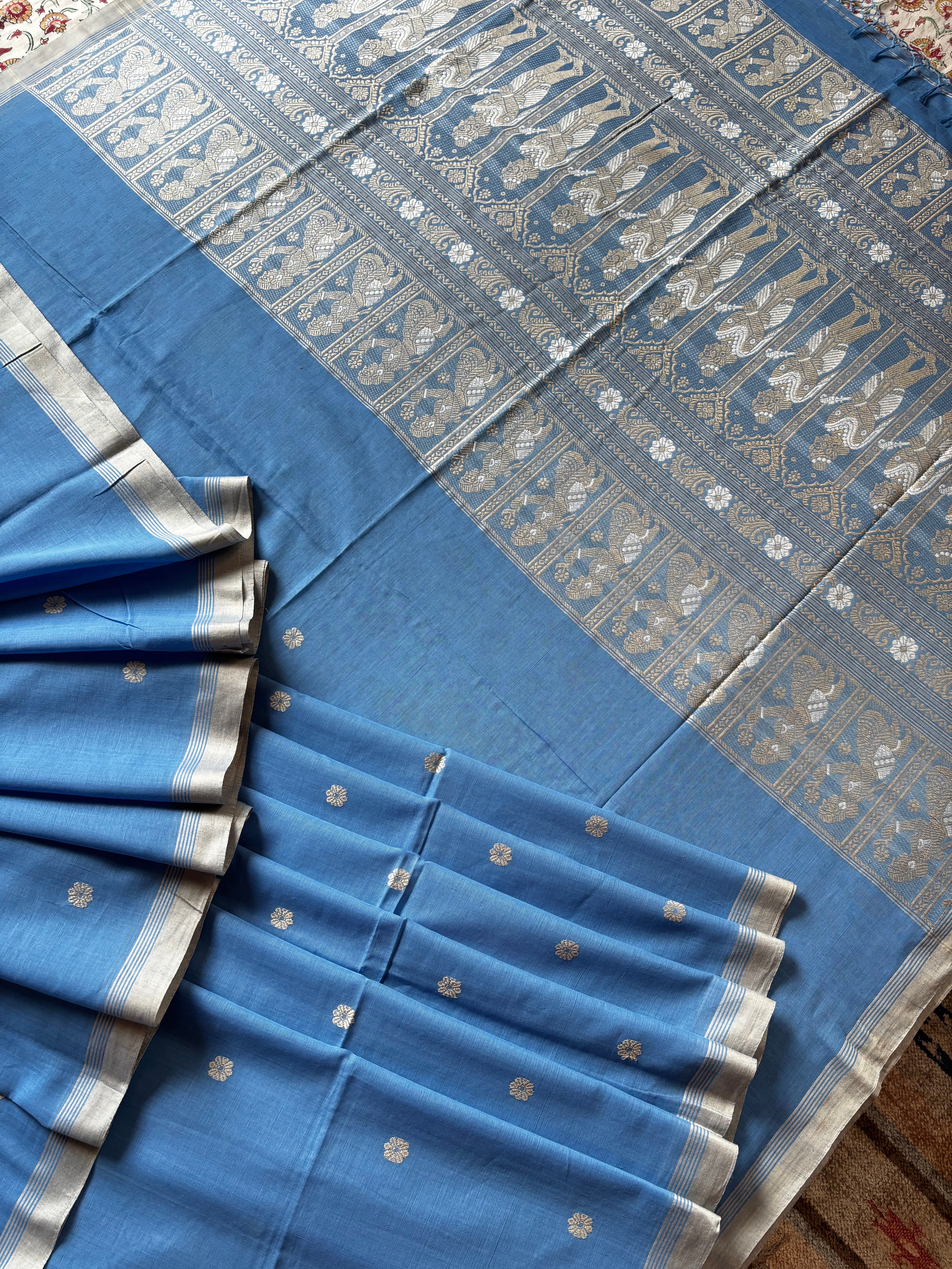 Handwoven Light Blue Colour Cotton Baluchari Saree