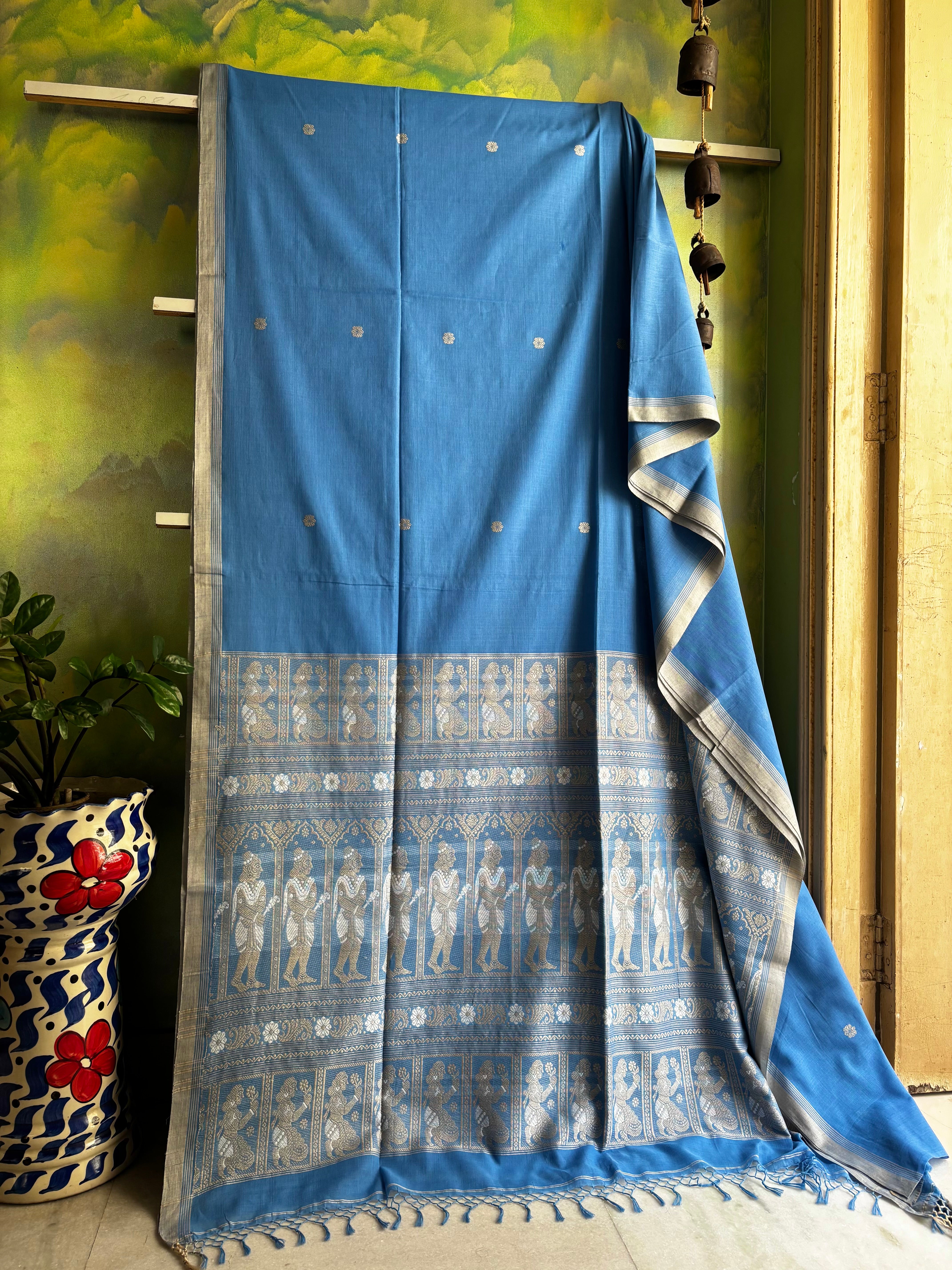 Handwoven Light Blue Colour Cotton Baluchari Saree