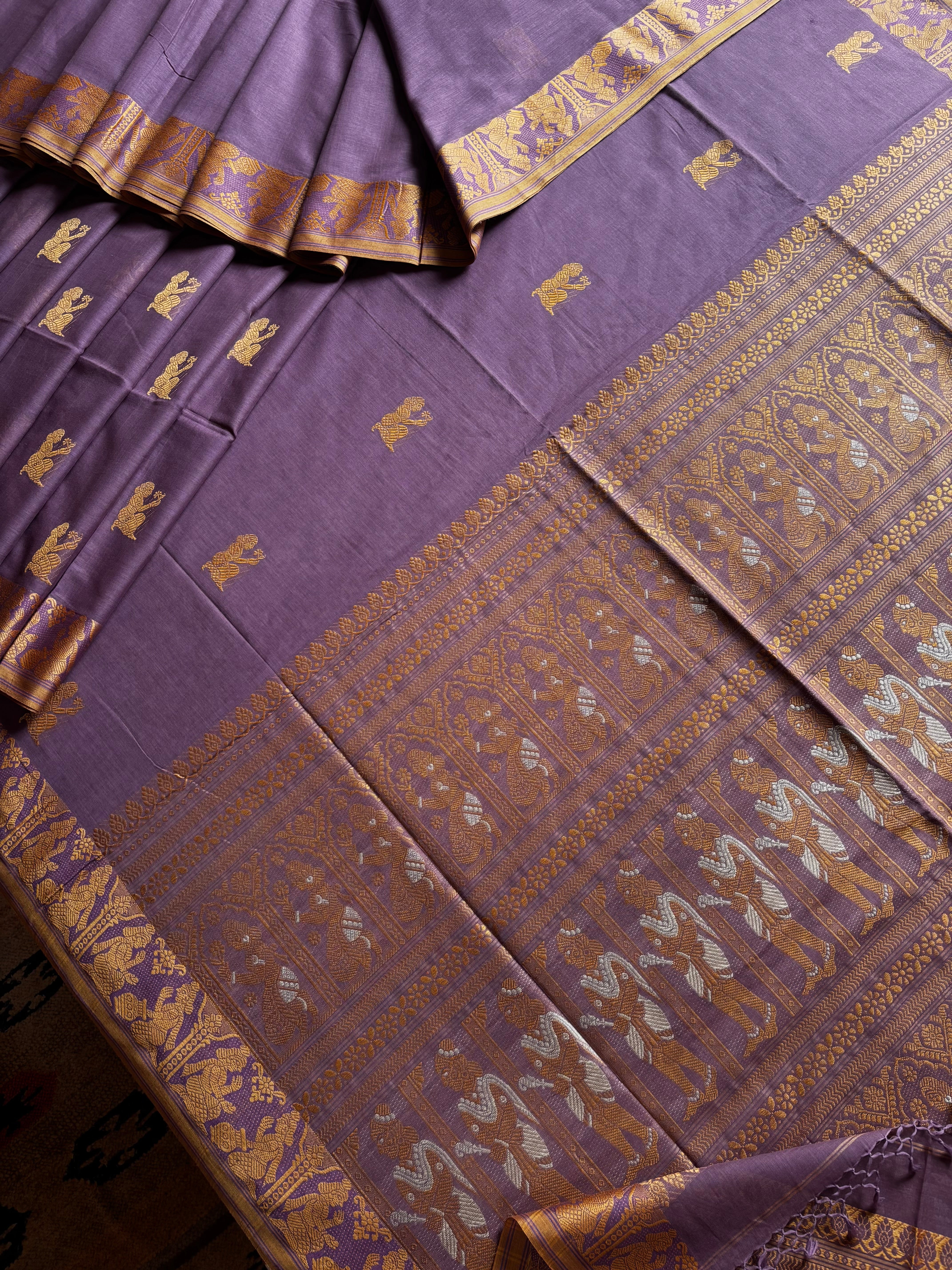 Handwoven Light Dusty Purple Colour Cotton Baluchari Saree