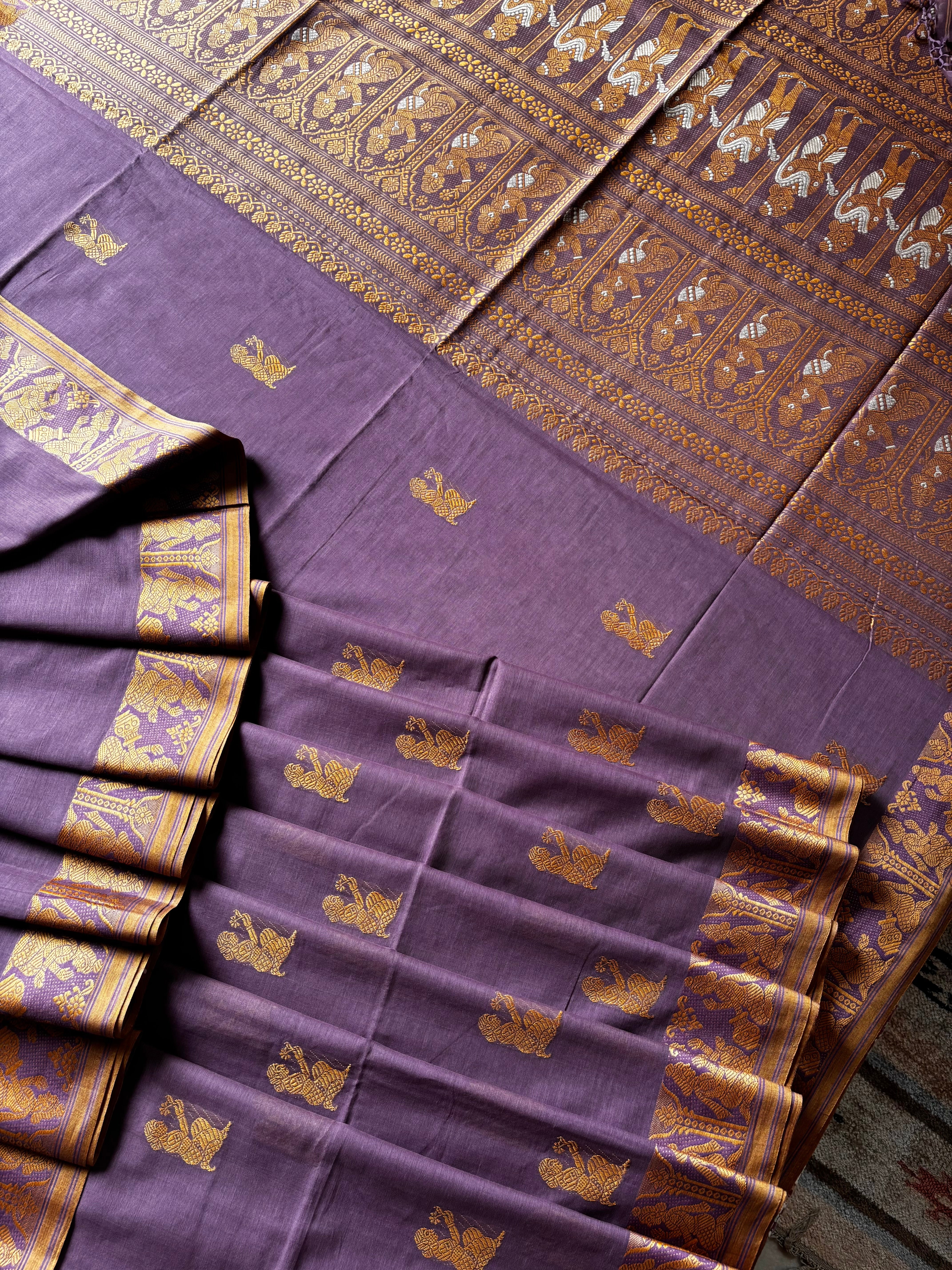 Handwoven Light Dusty Purple Colour Cotton Baluchari Saree