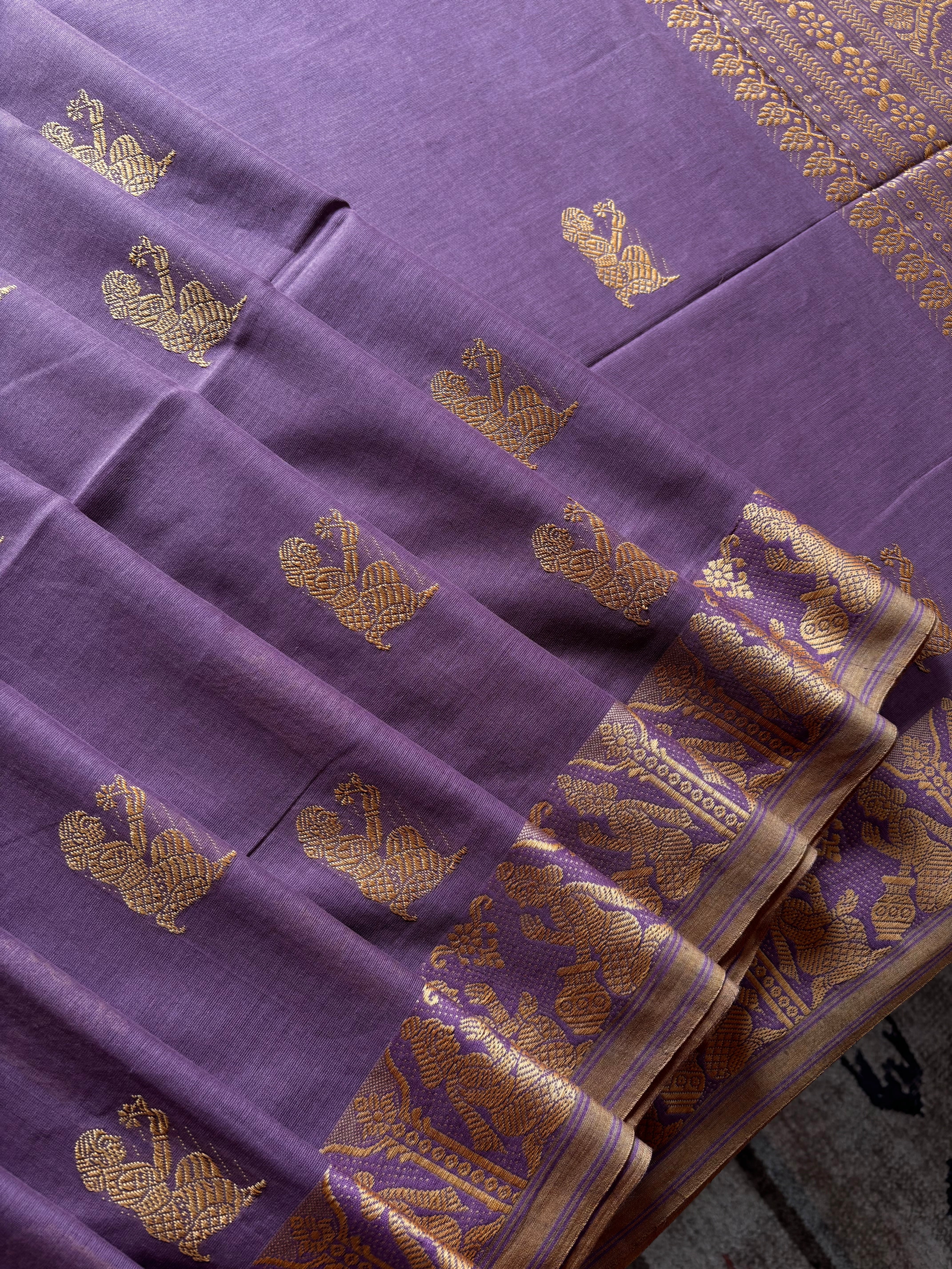 Handwoven Light Dusty Purple Colour Cotton Baluchari Saree