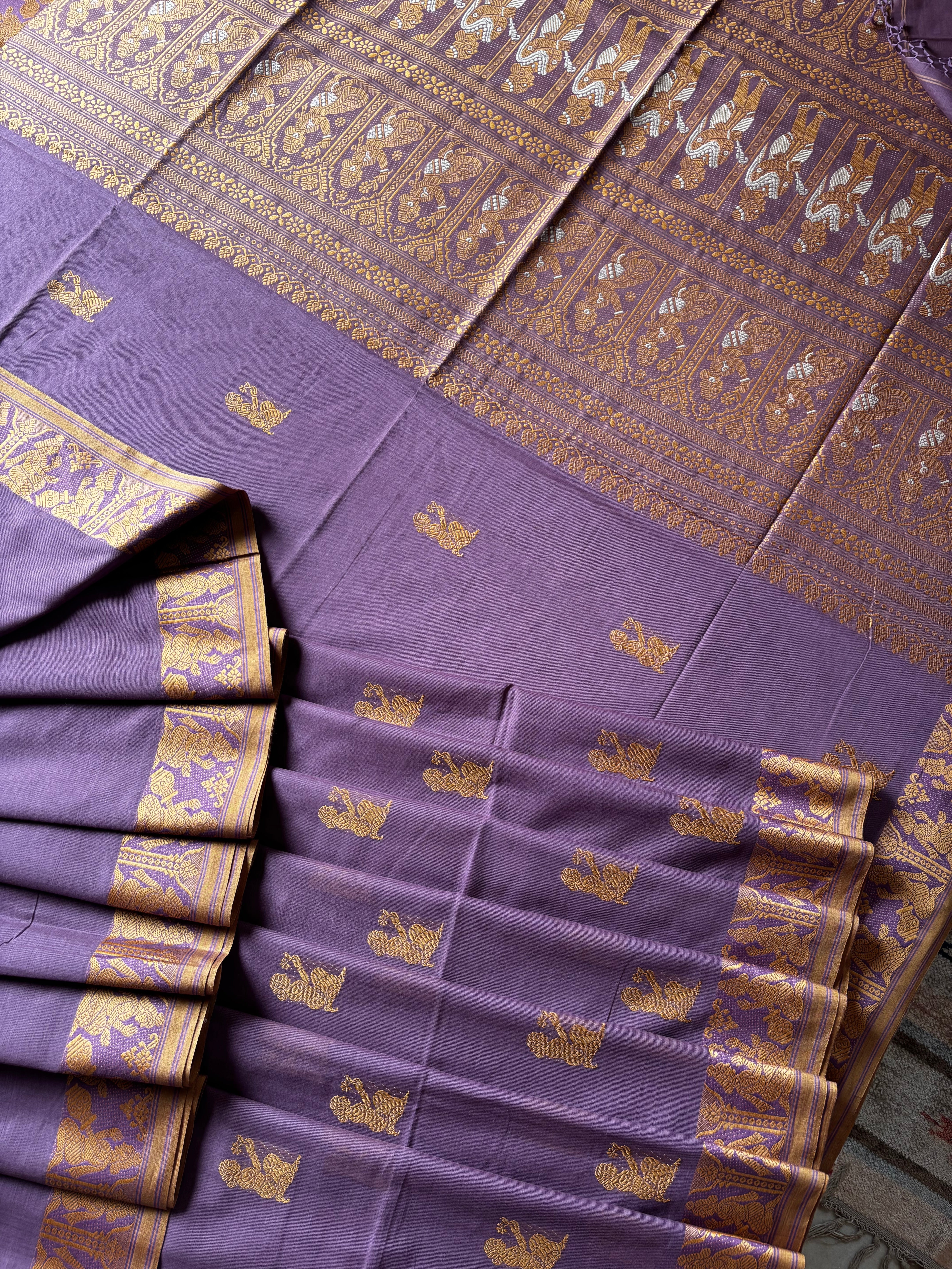 Handwoven Light Dusty Purple Colour Cotton Baluchari Saree