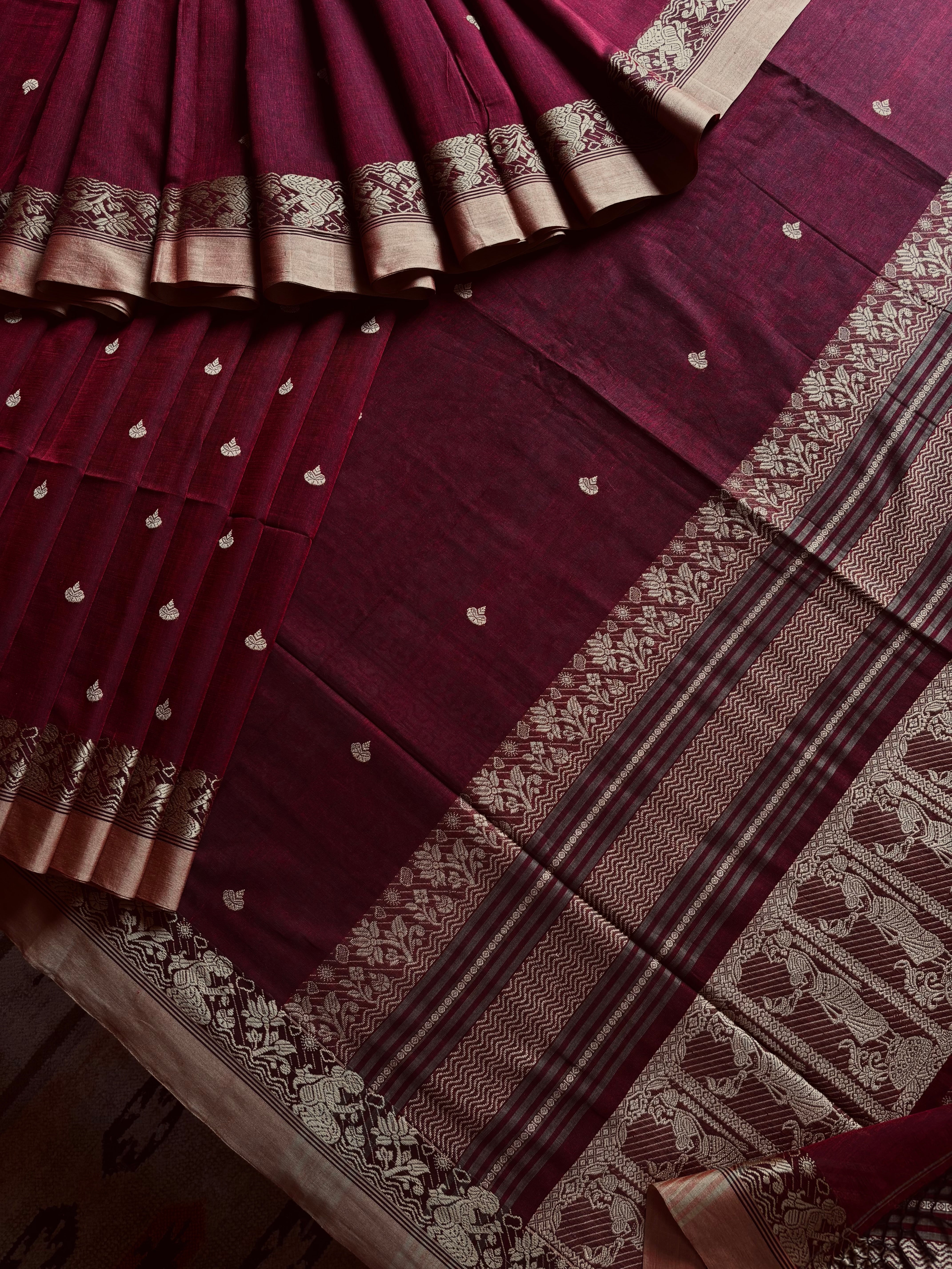 Handwoven Maroon Colour Cotton Baluchari Saree