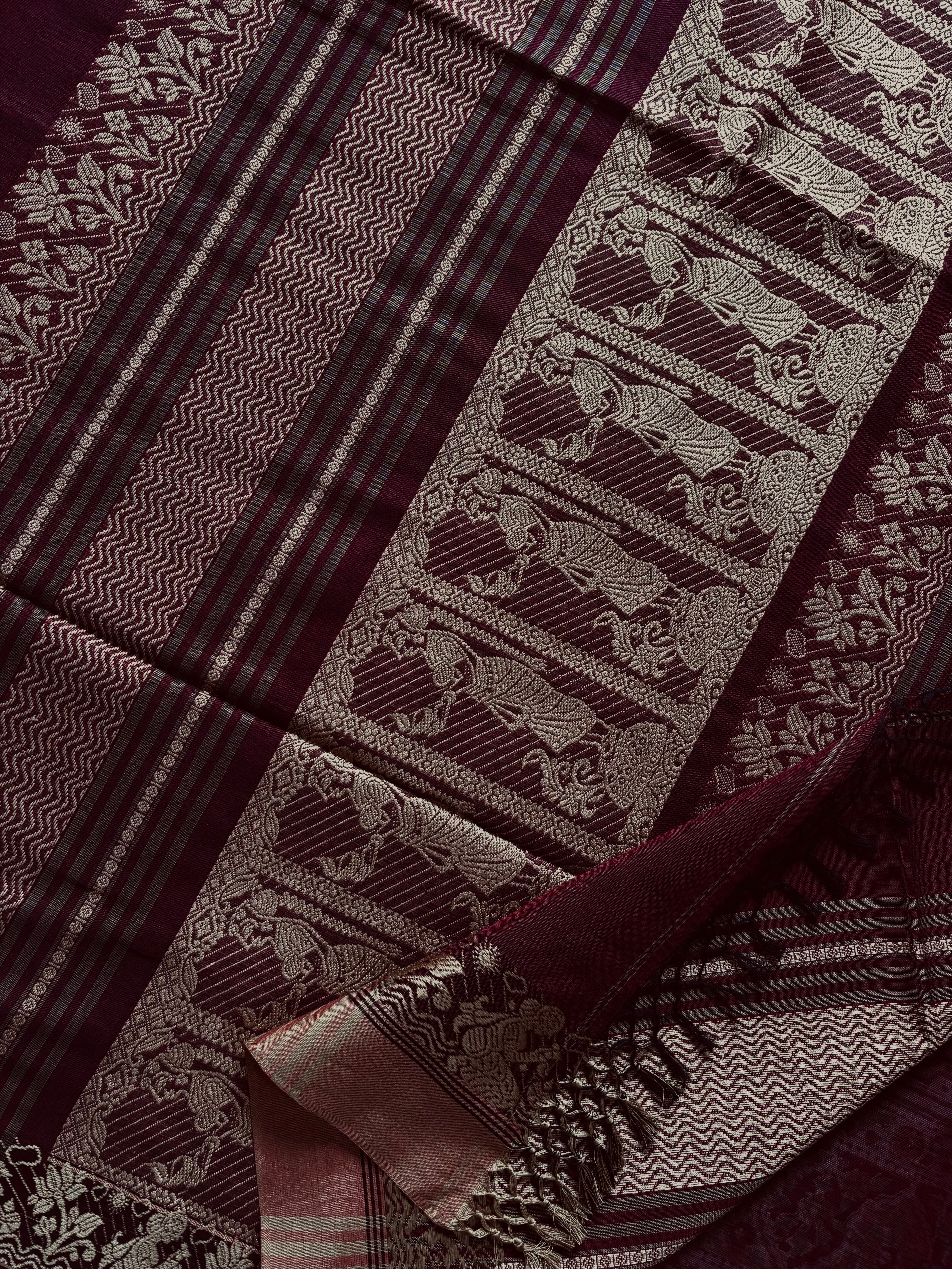 Handwoven Maroon Colour Cotton Baluchari Saree