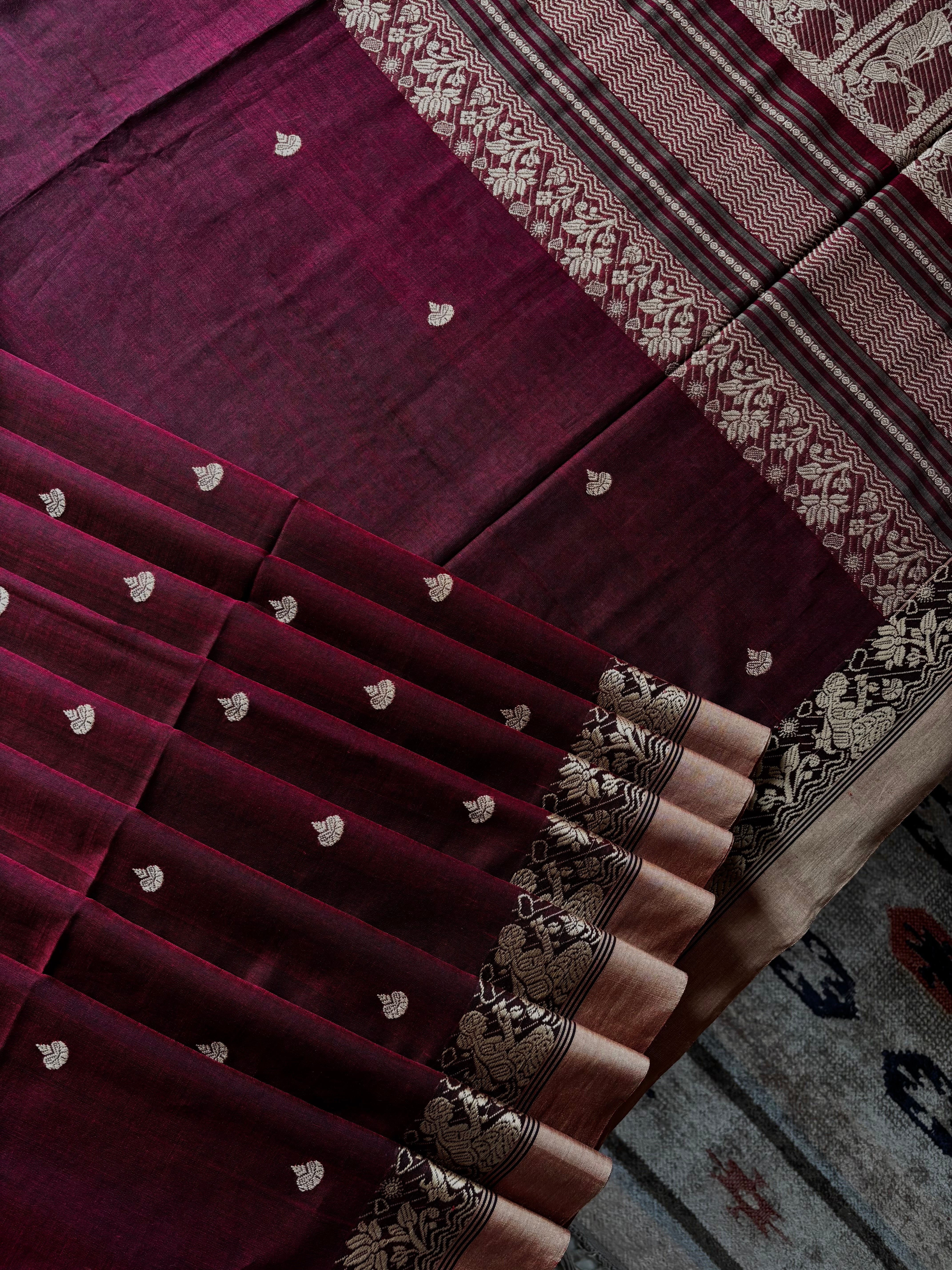 Handwoven Maroon Colour Cotton Baluchari Saree
