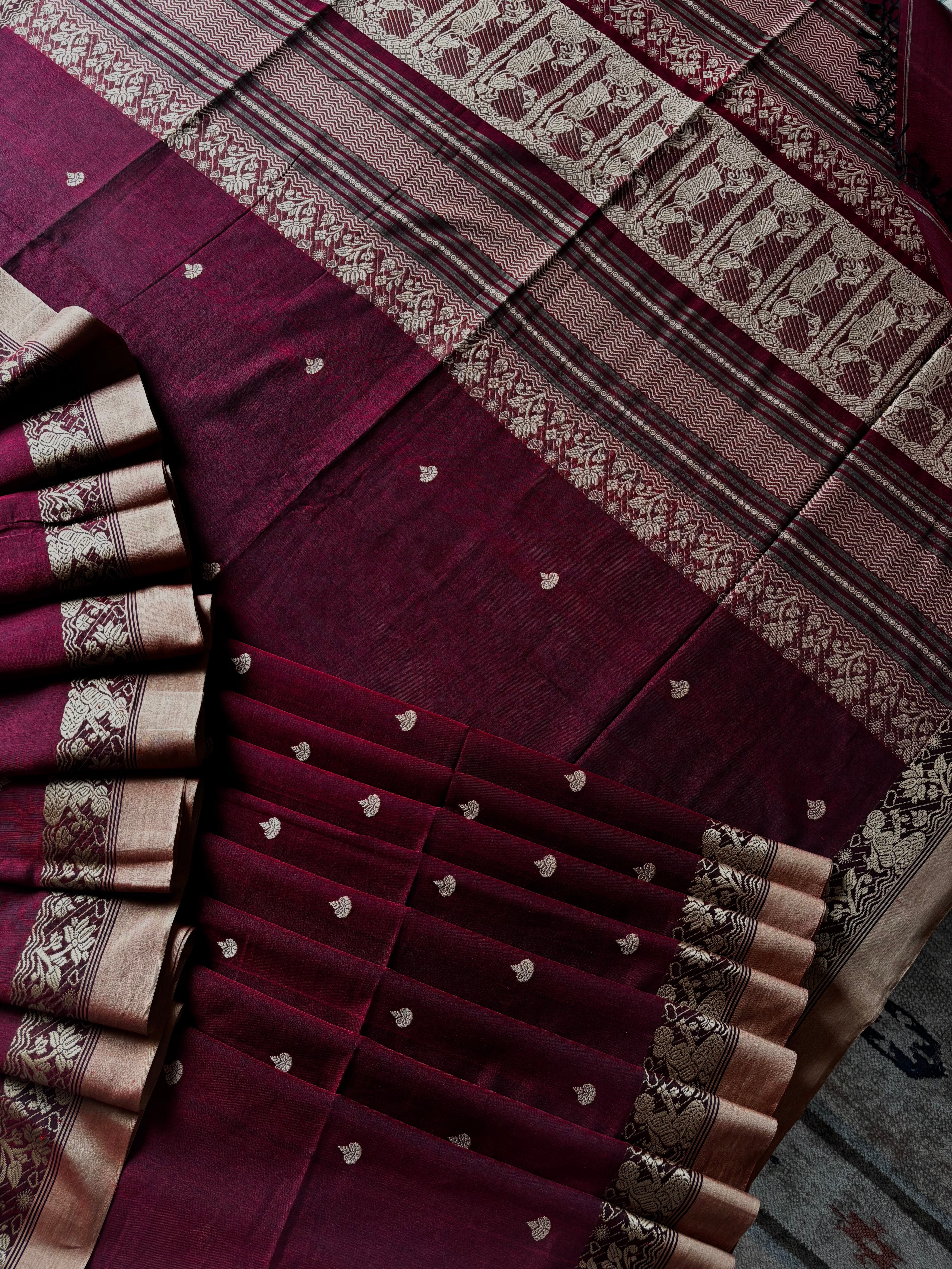 Handwoven Maroon Colour Cotton Baluchari Saree