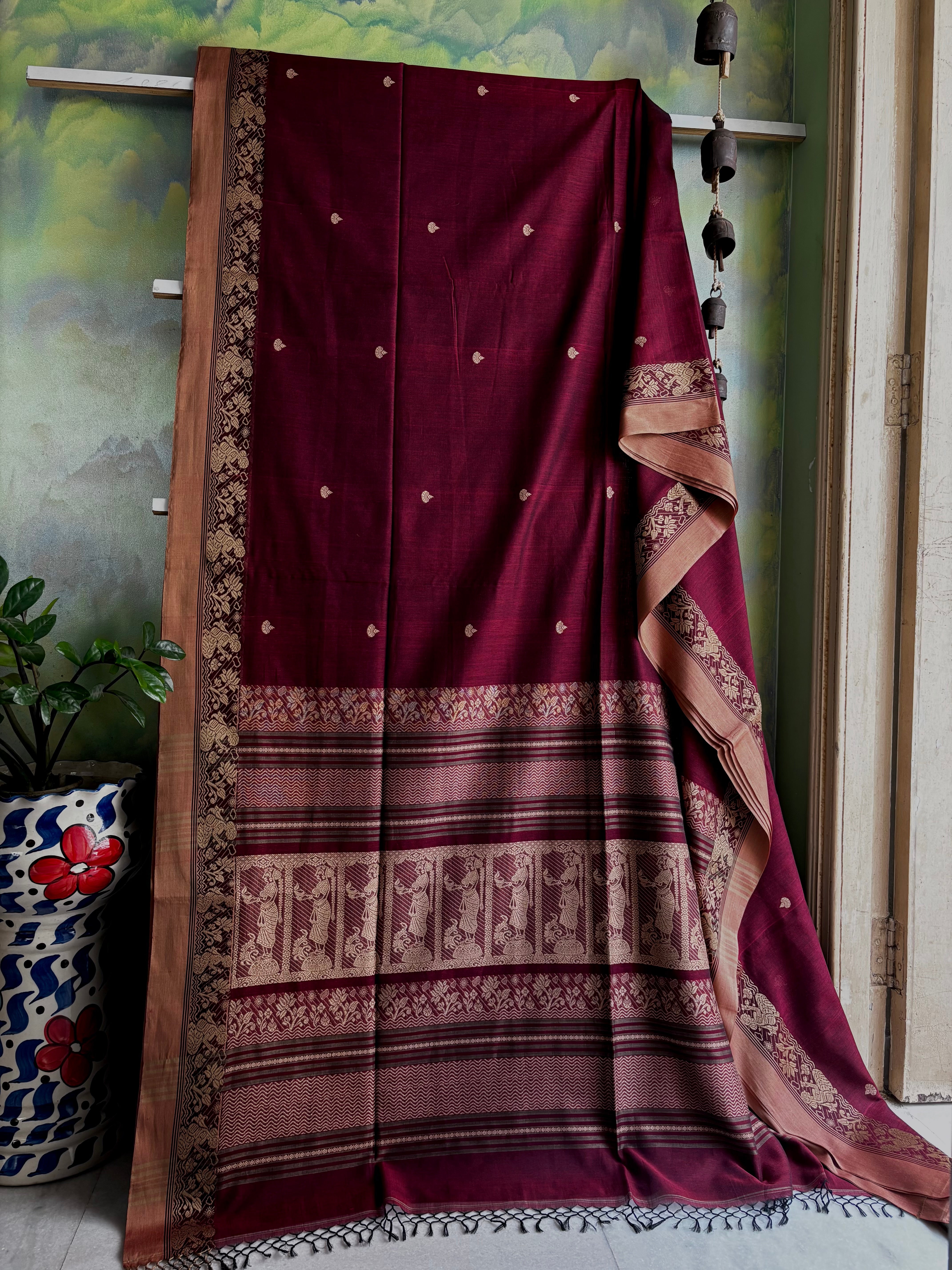Handwoven Maroon Colour Cotton Baluchari Saree