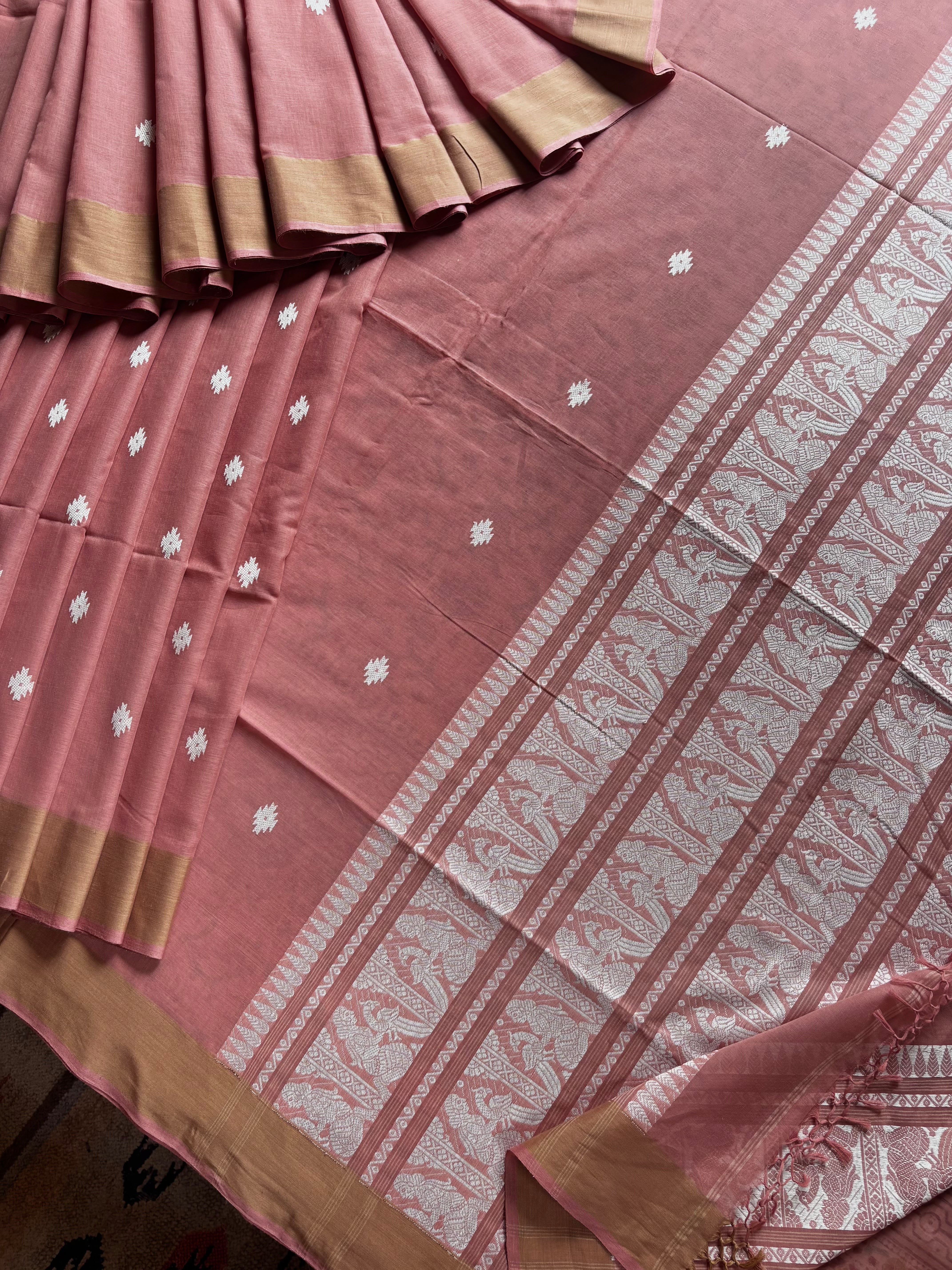 Handwoven Light Peachich Pink Colour Cotton Baluchari Saree