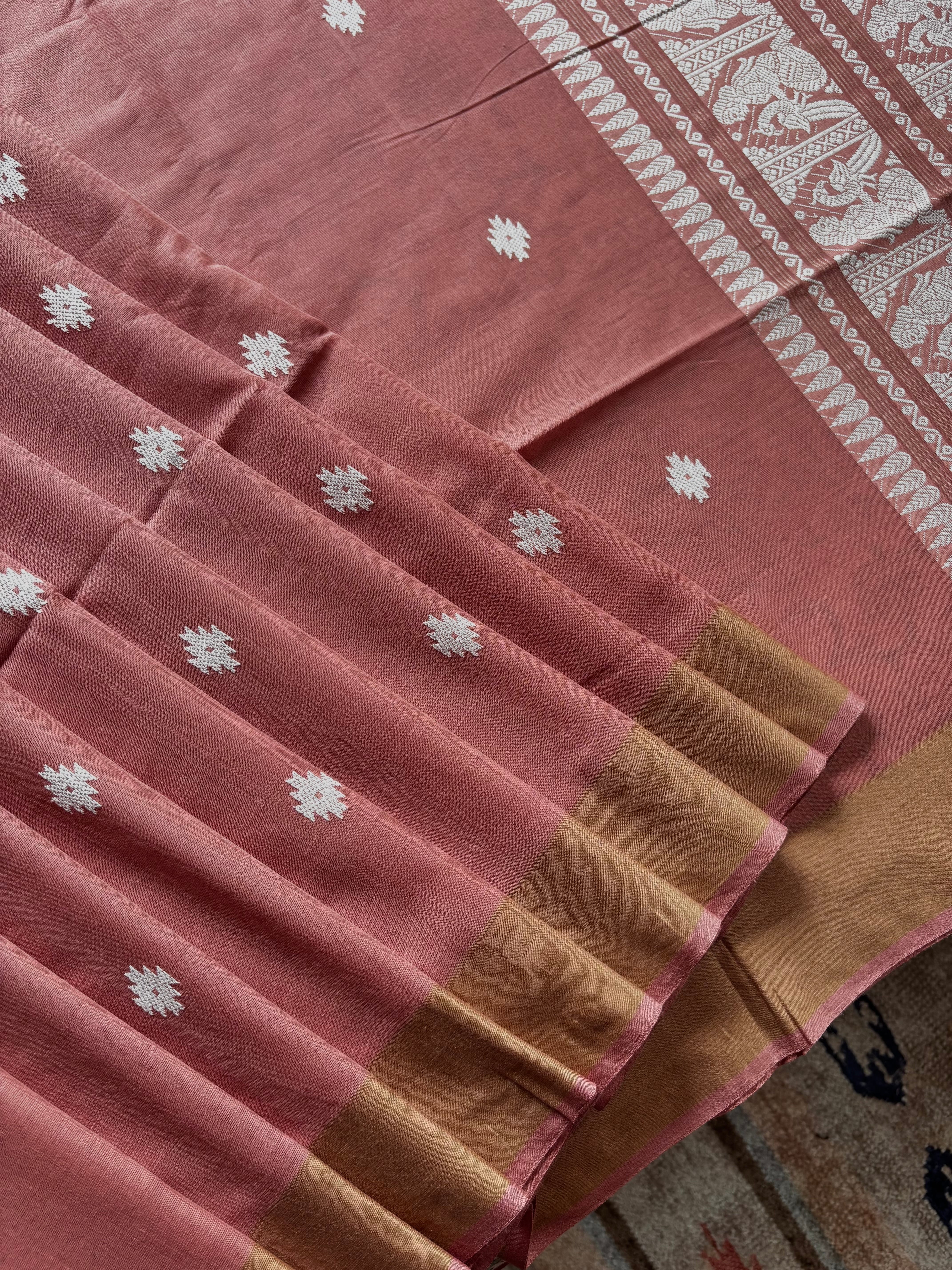 Handwoven Light Peachich Pink Colour Cotton Baluchari Saree