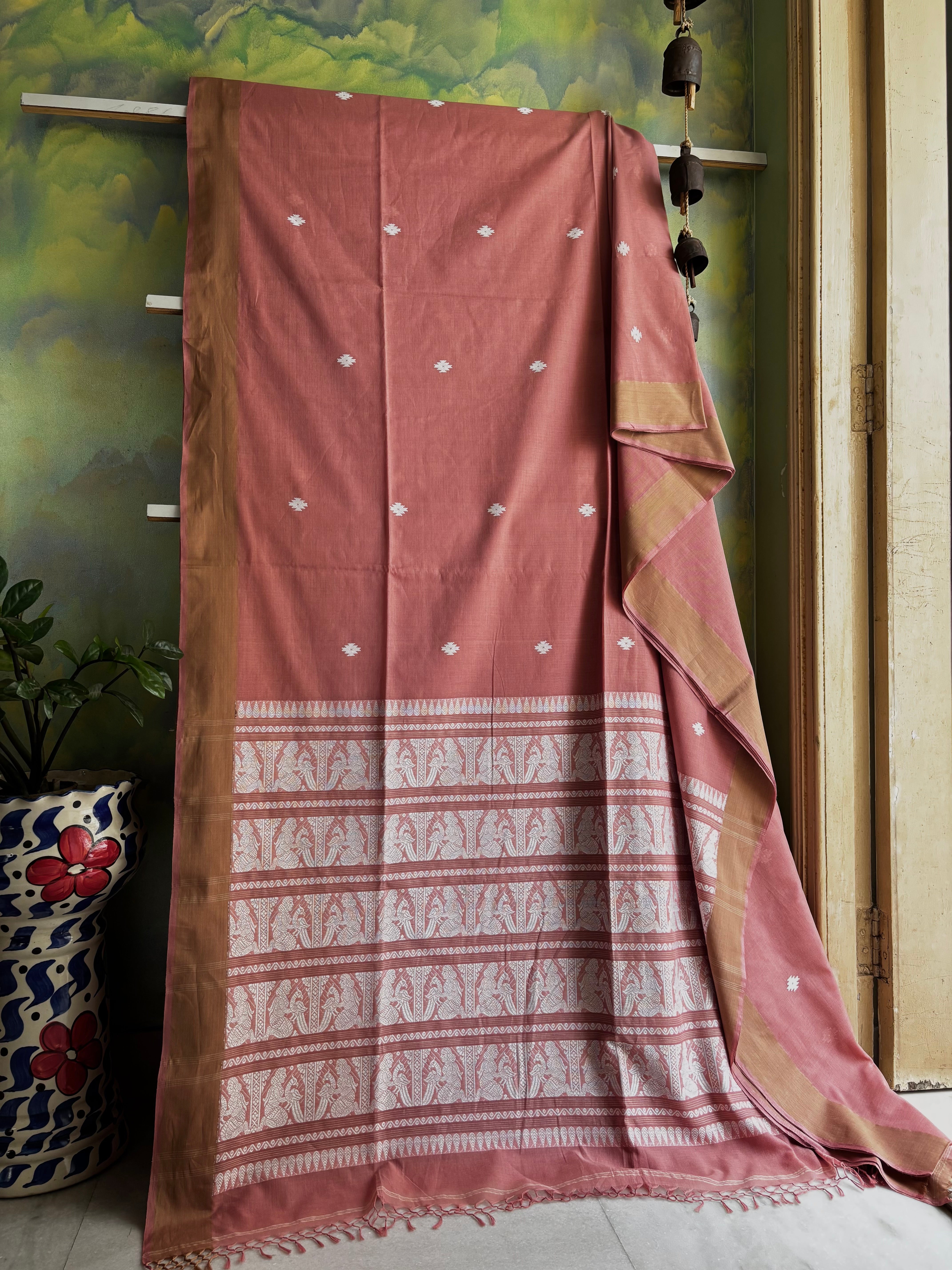 Handwoven Light Peachich Pink Colour Cotton Baluchari Saree