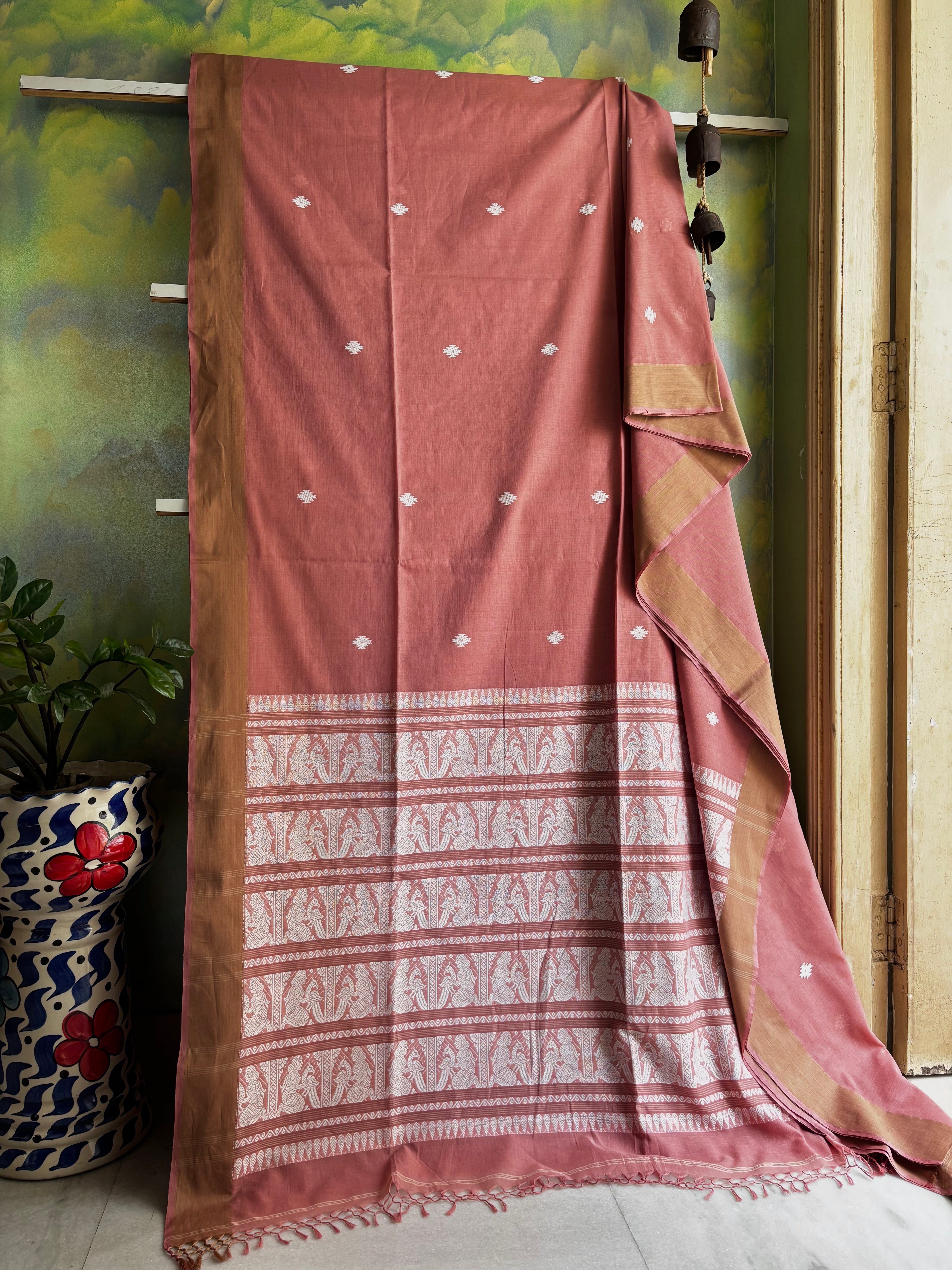 Handwoven Light Peachich Pink Colour Cotton Baluchari Saree