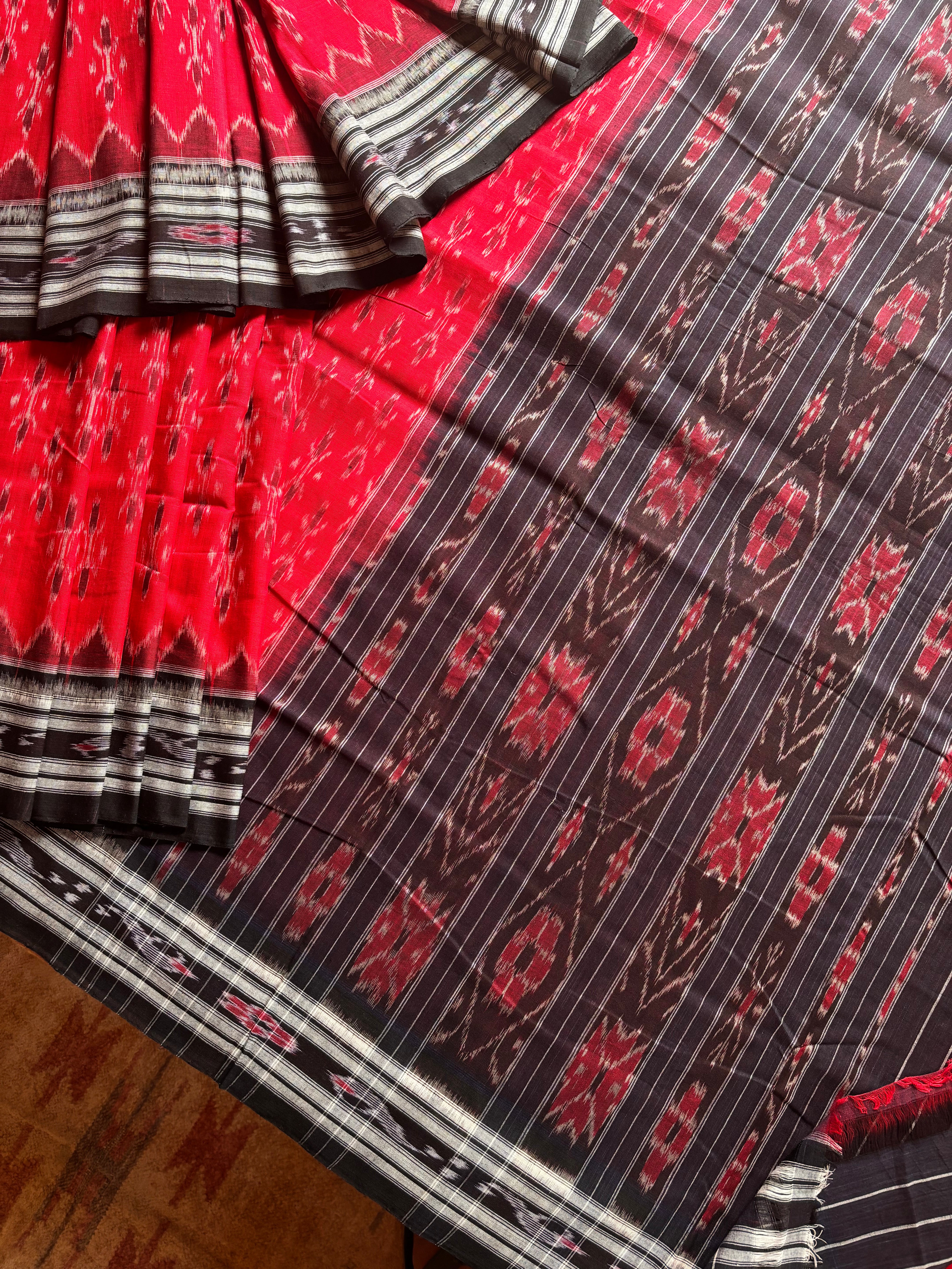 Handwoven Red Black Odisha Ikkat Cotton Saree