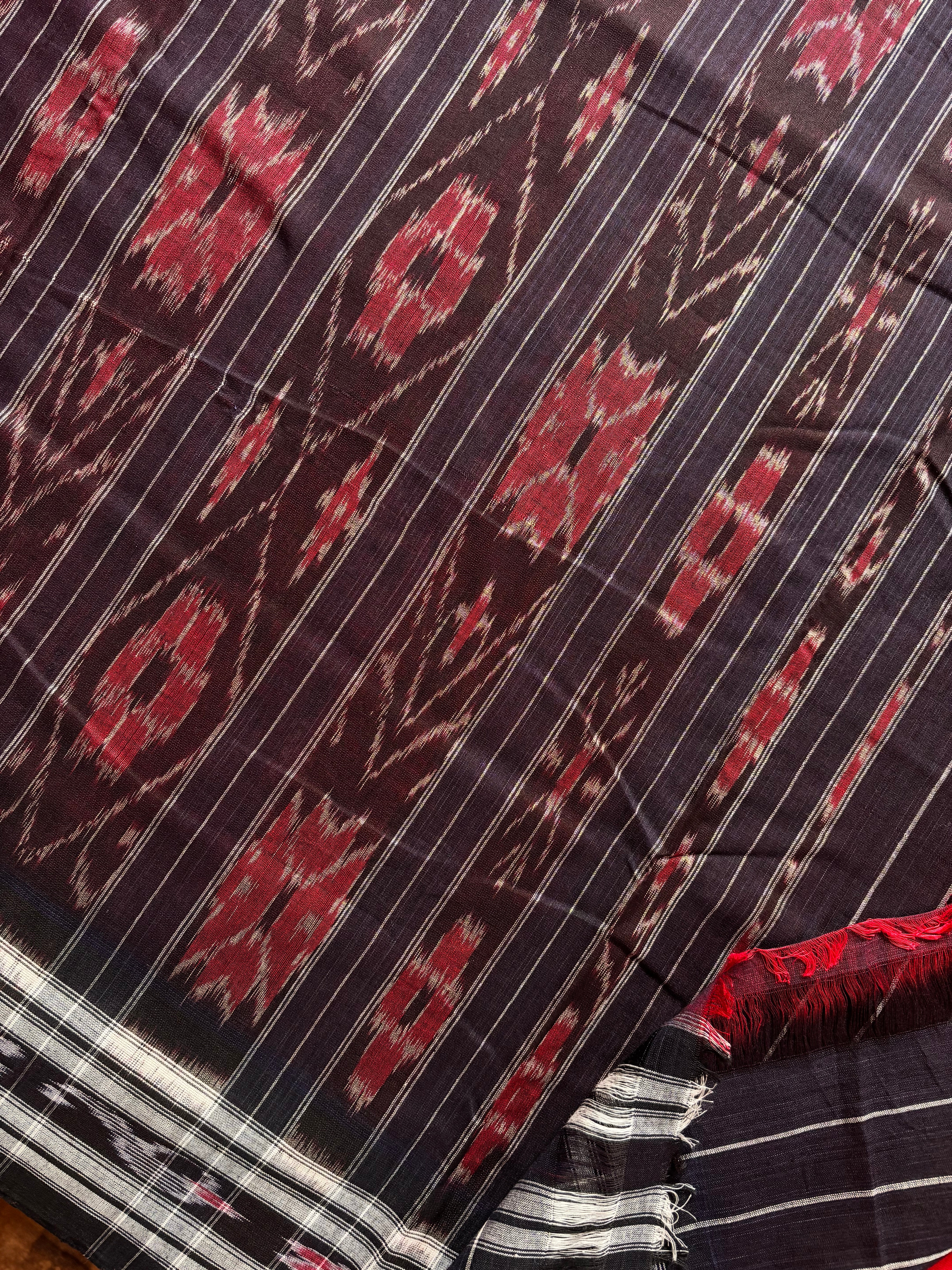 Handwoven Red Black Odisha Ikkat Cotton Saree