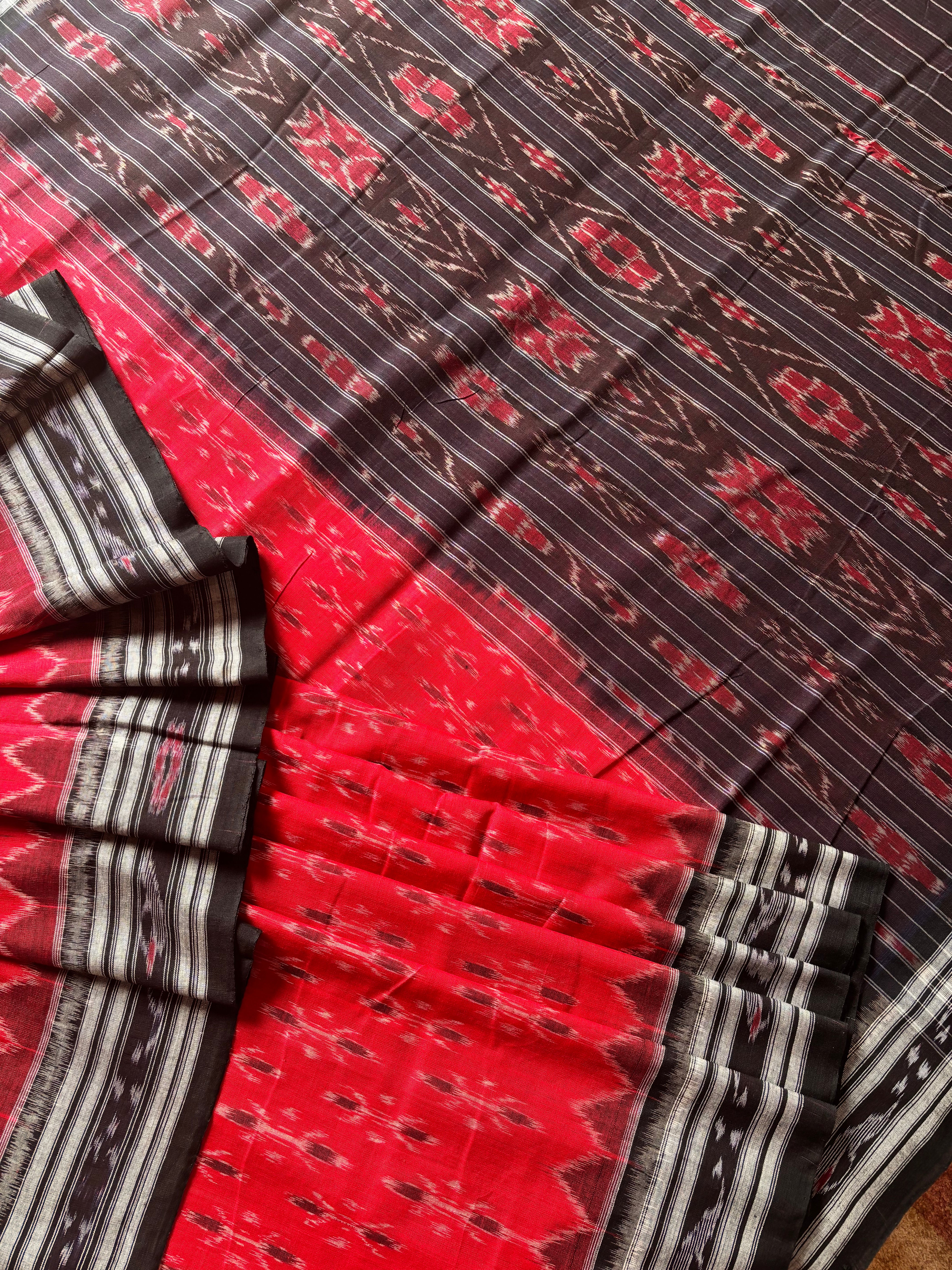 Handwoven Red Black Odisha Ikkat Cotton Saree