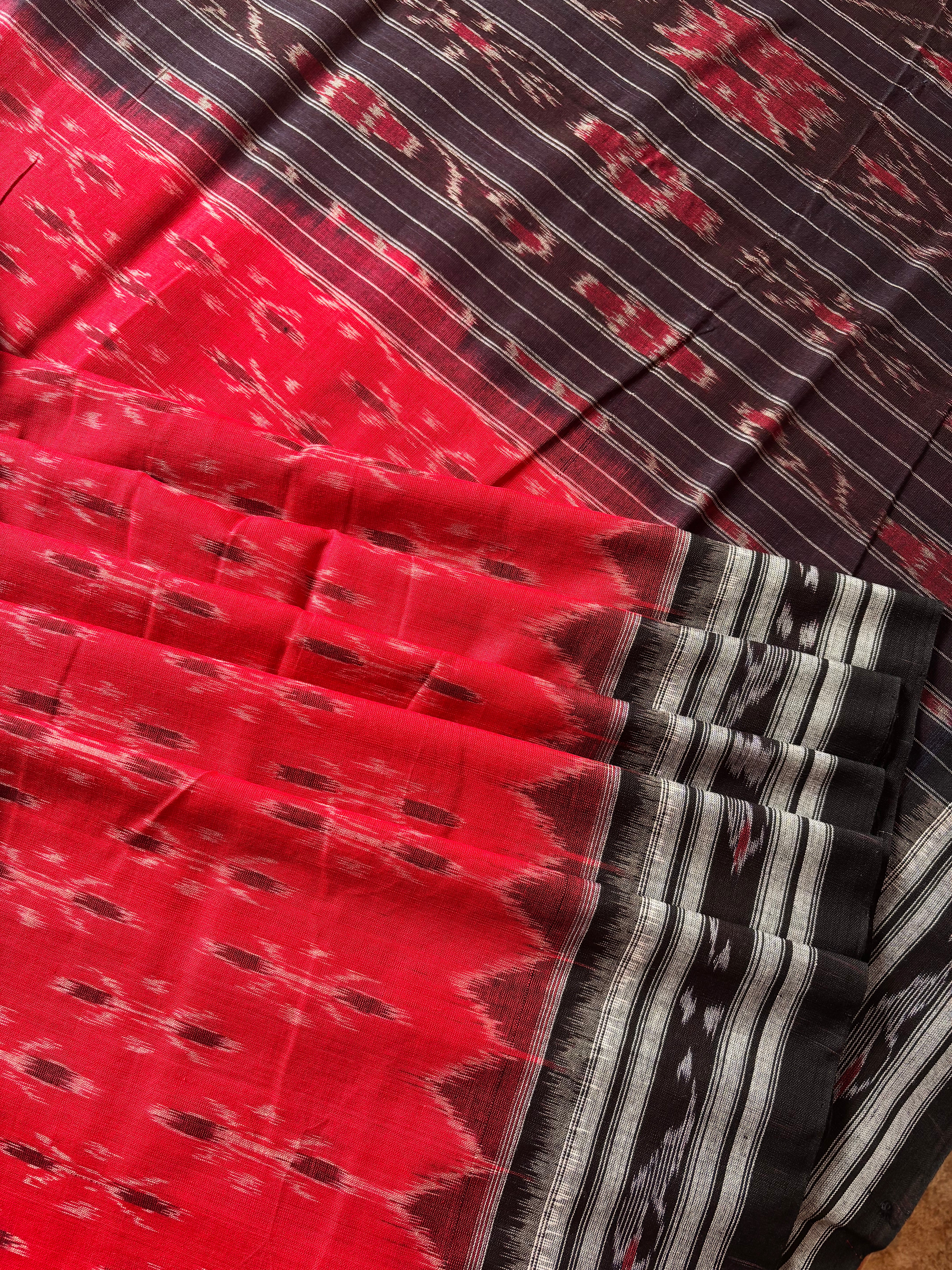 Handwoven Red Black Odisha Ikkat Cotton Saree