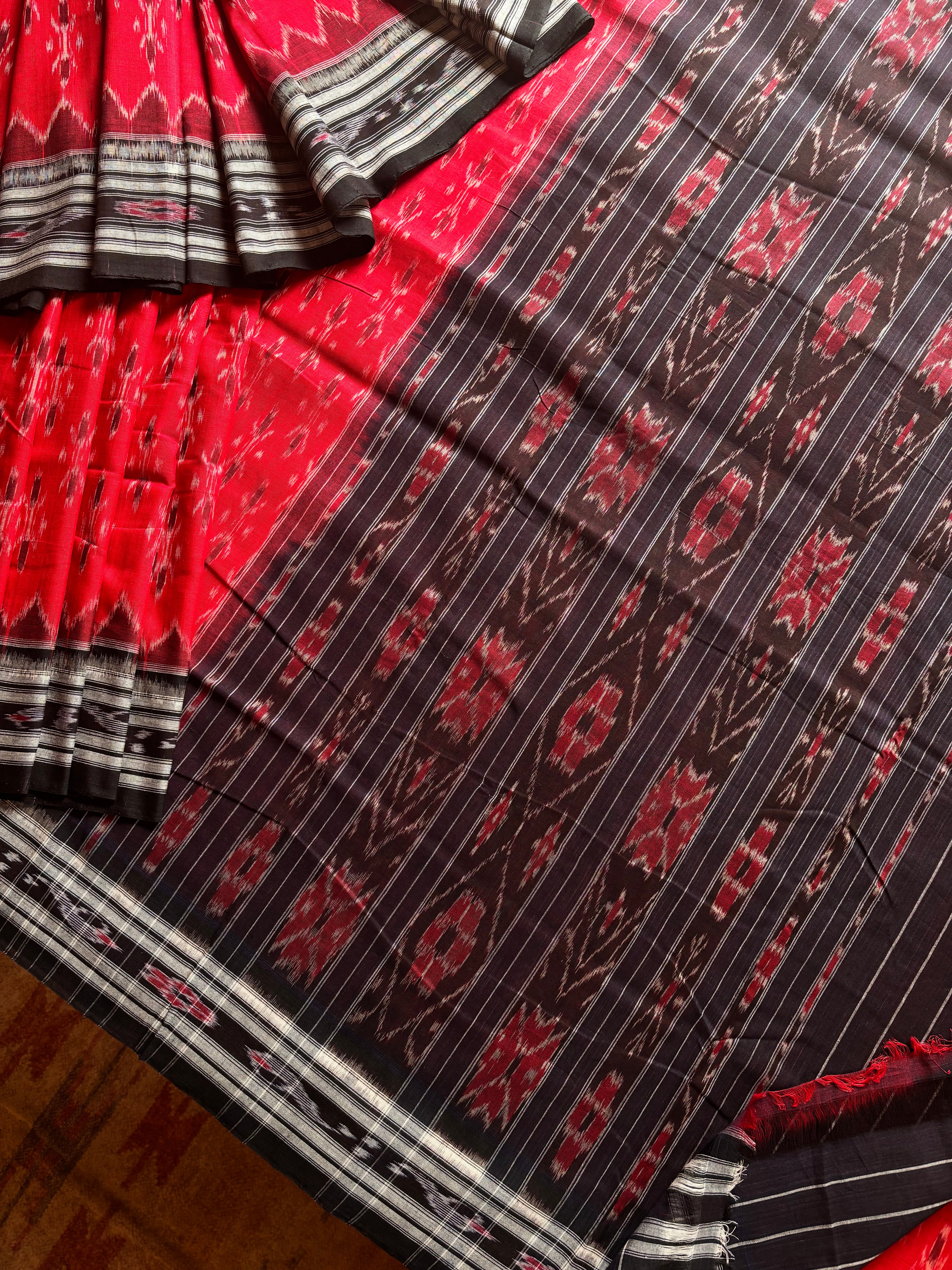 Handwoven Red Black Odisha Ikkat Cotton Saree
