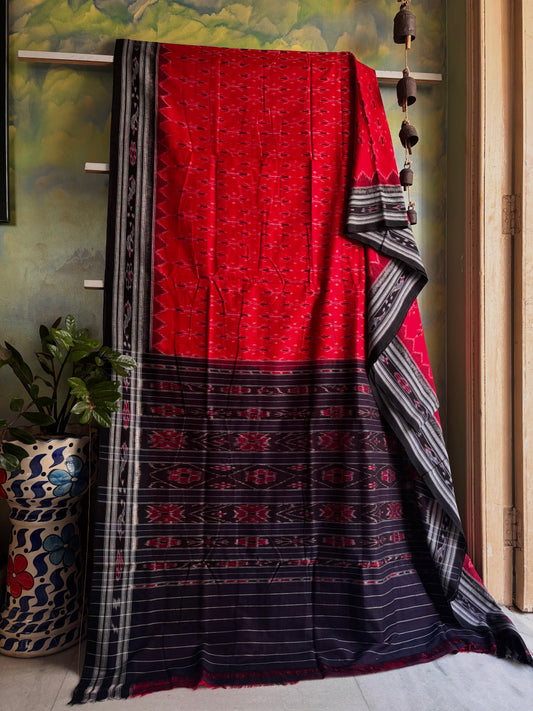 Handwoven Red Black Odisha Ikkat Cotton Saree