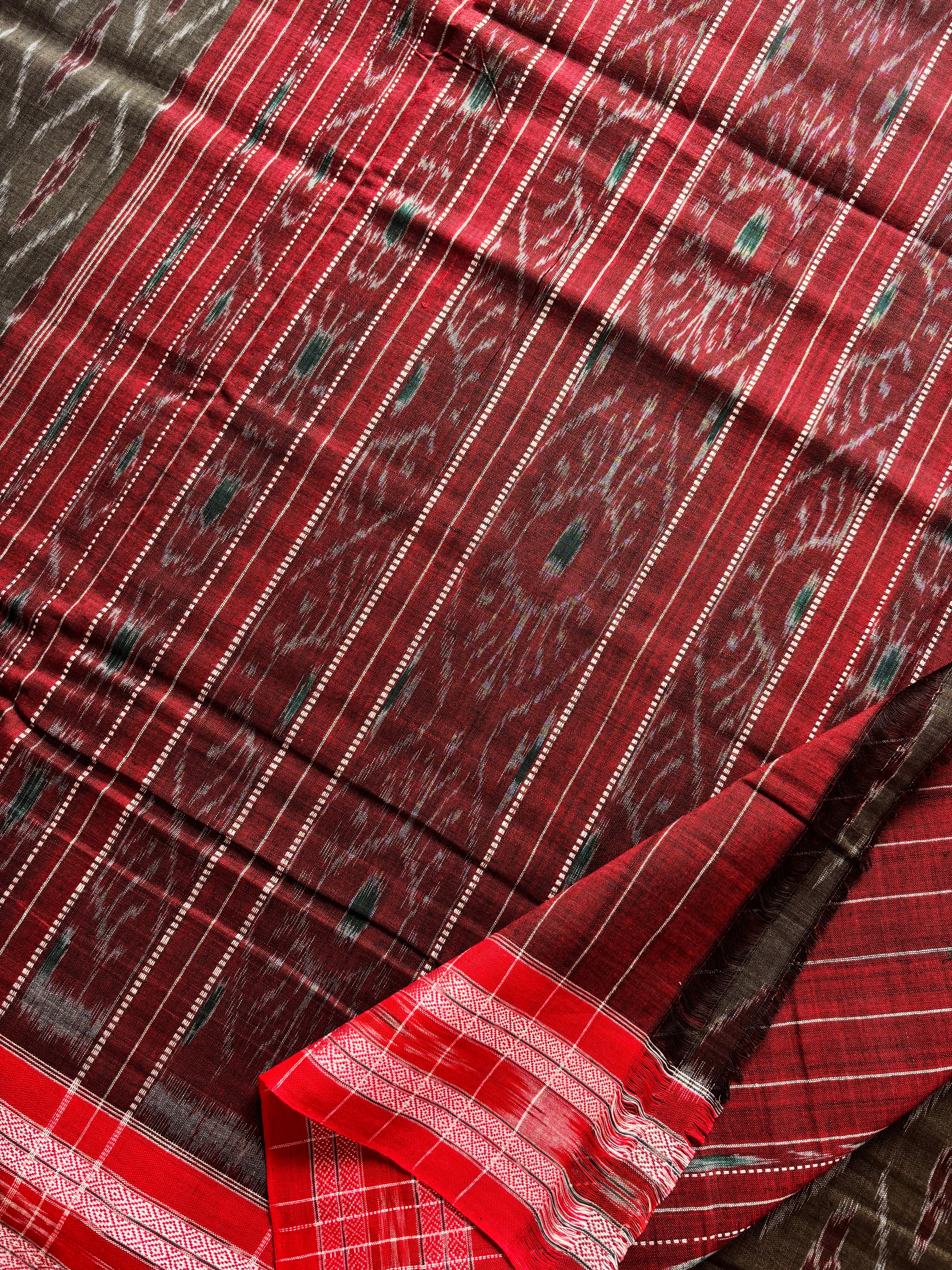 Handwoven Grey Red Odisha Ikkat Cotton Saree