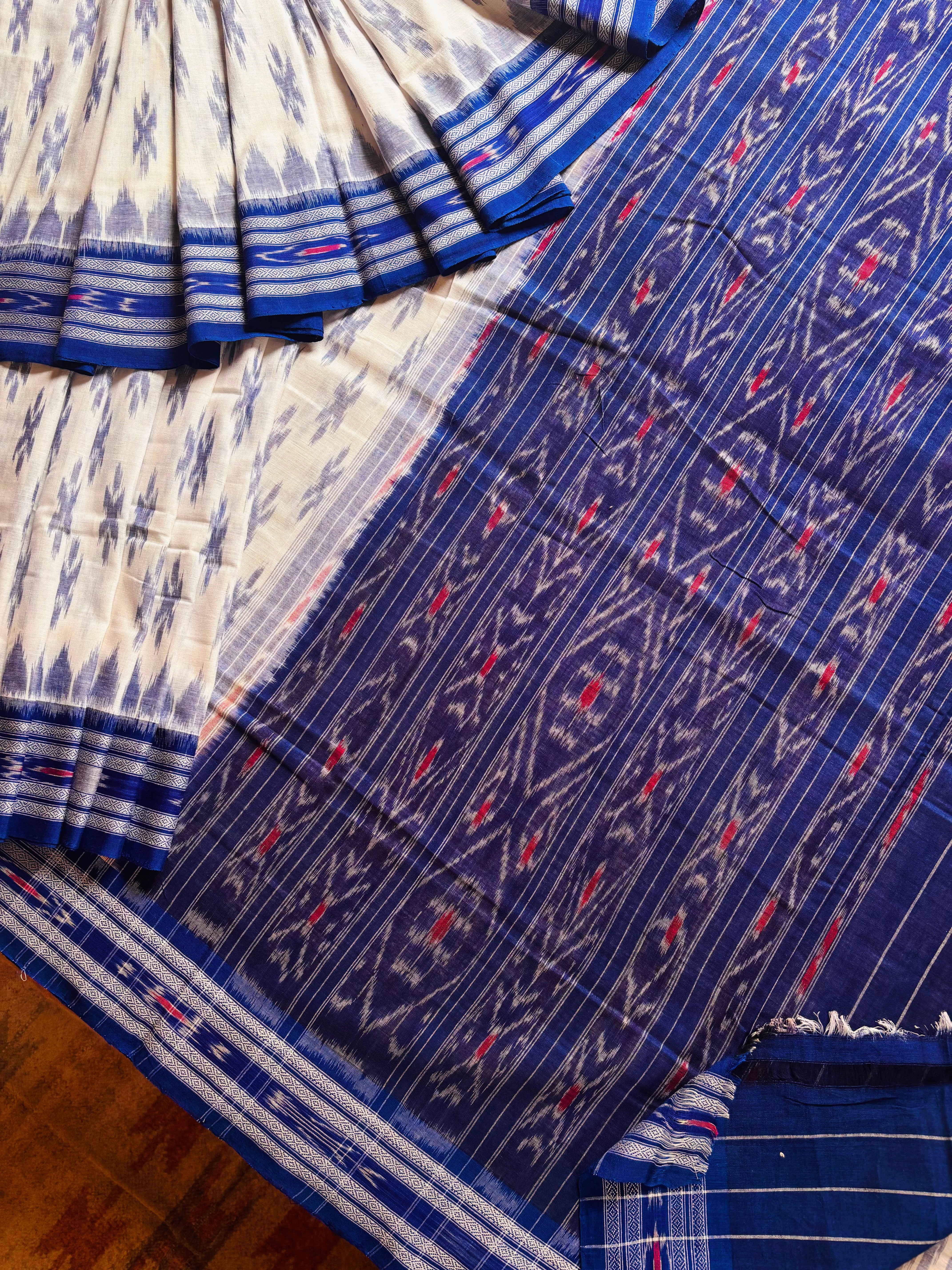 Handwoven White Blue Odisha Ikkat Cotton Saree