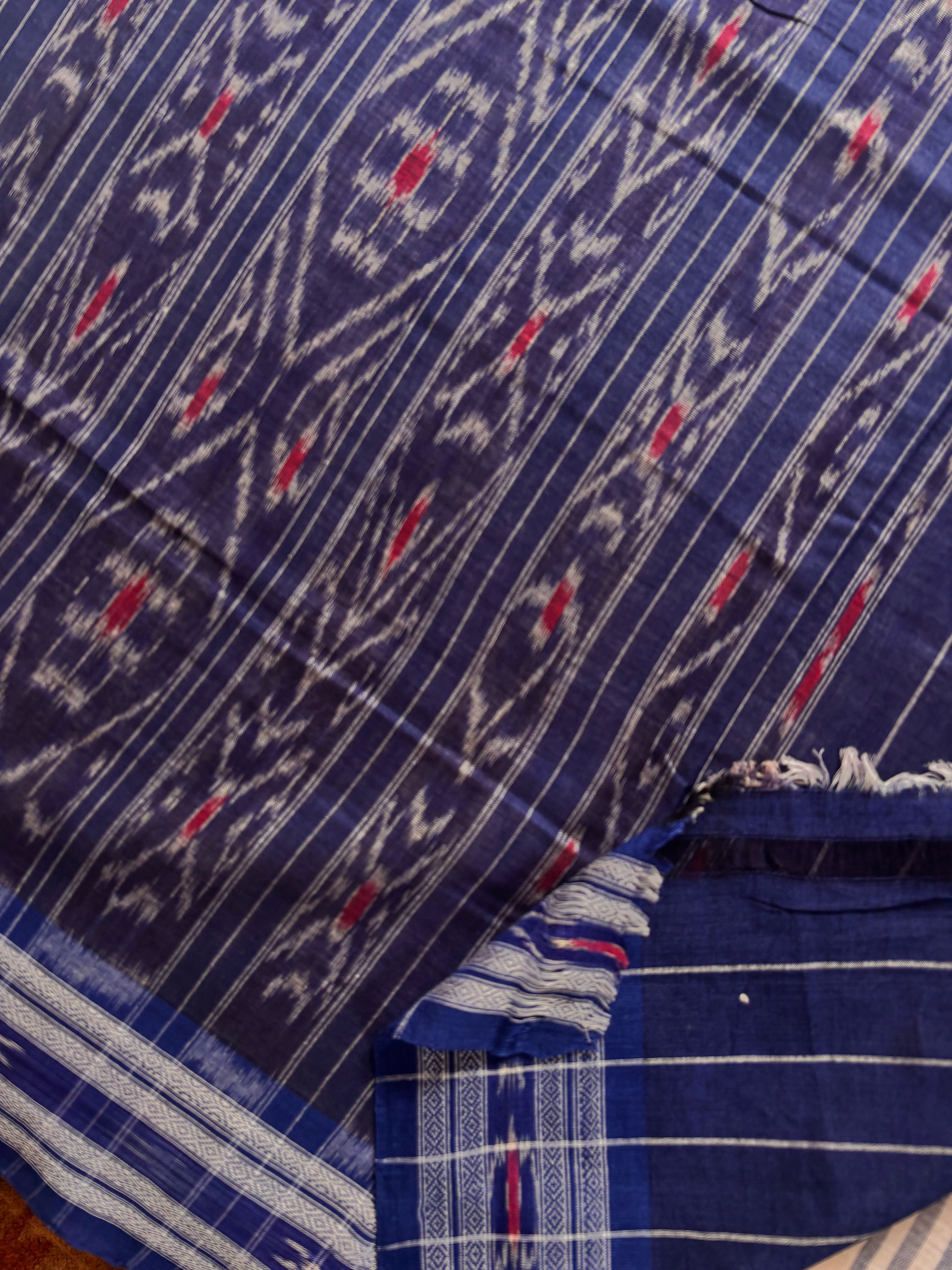 Handwoven White Blue Odisha Ikkat Cotton Saree
