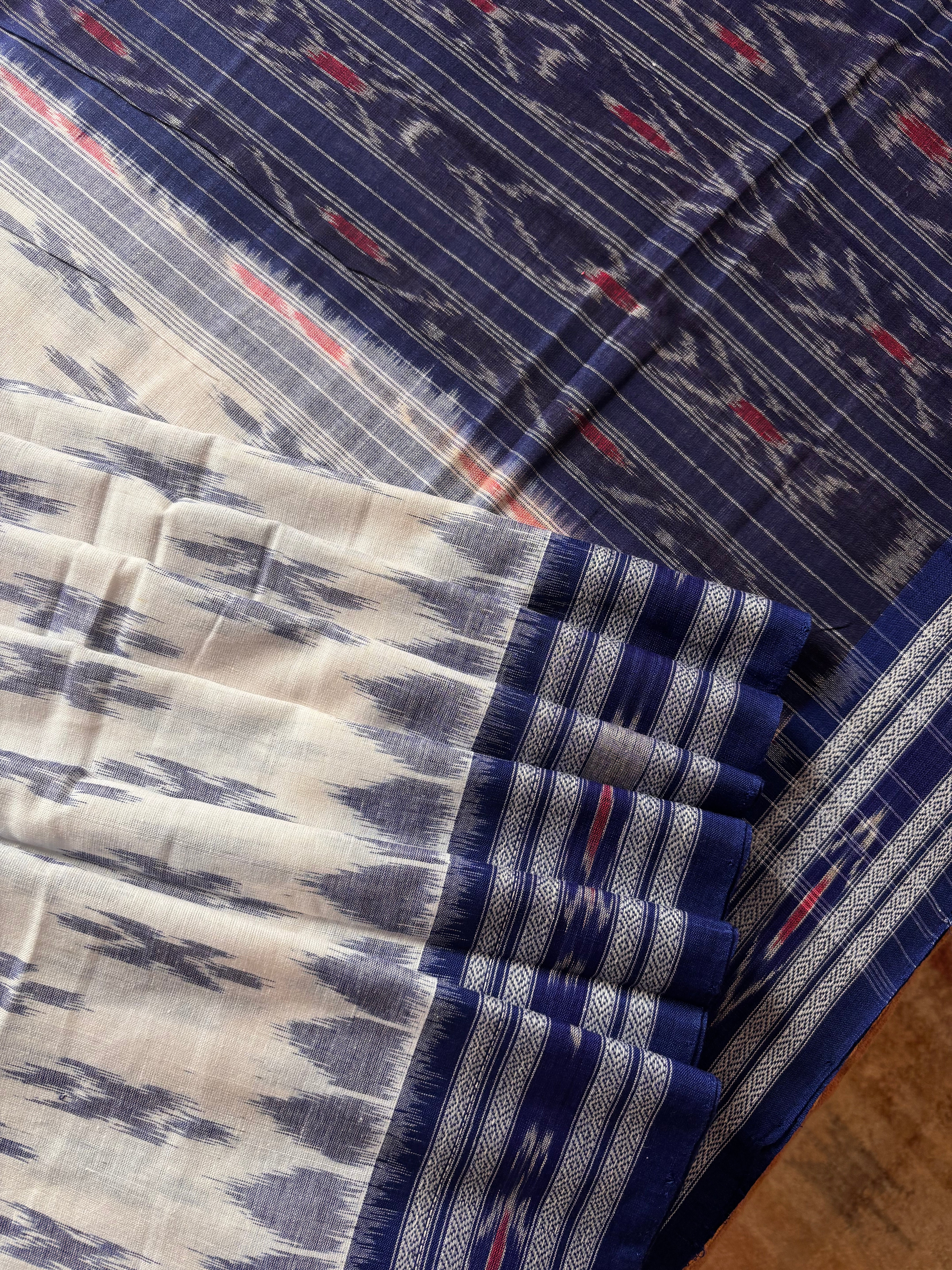 Handwoven White Blue Odisha Ikkat Cotton Saree