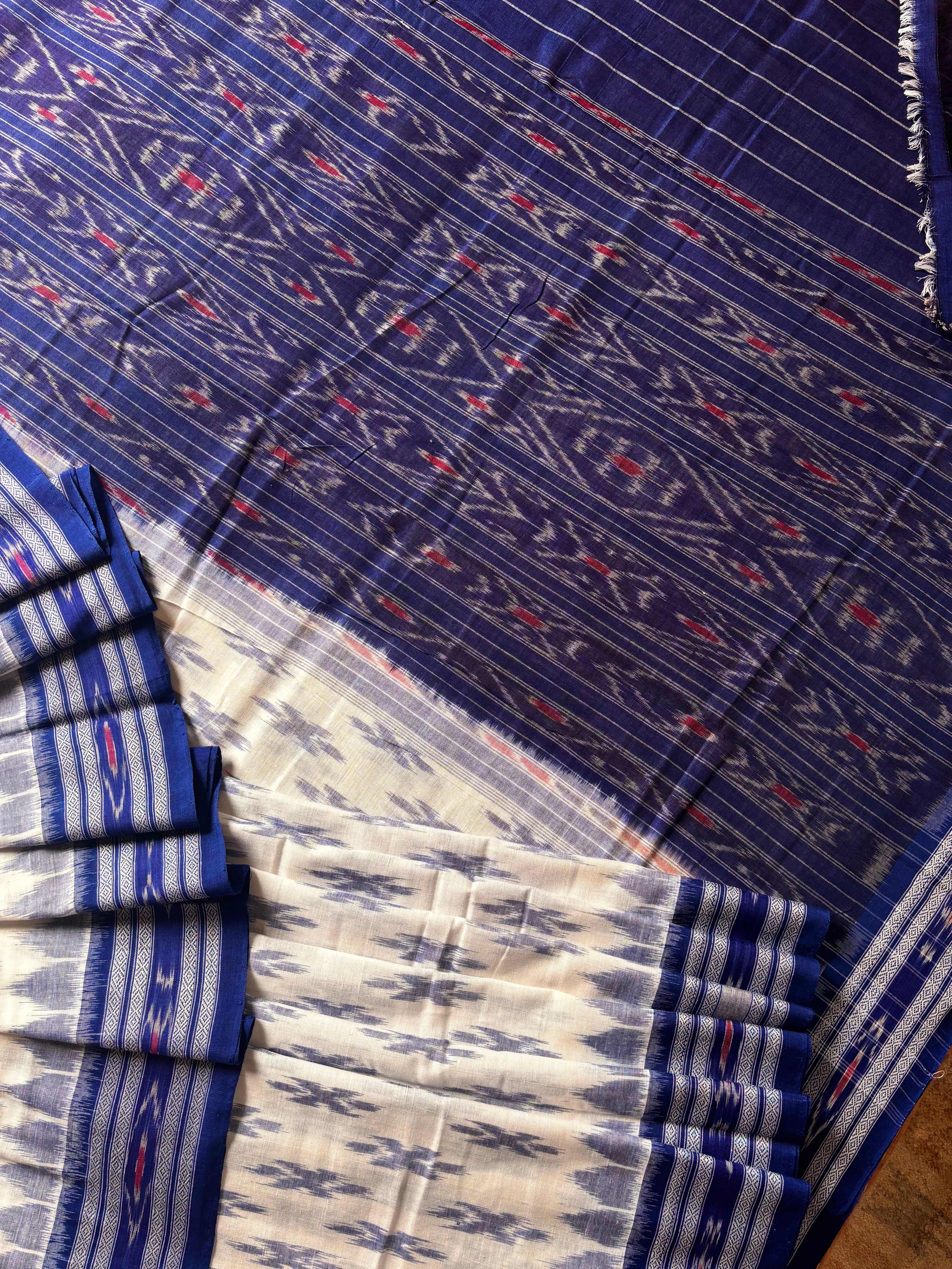 Handwoven White Blue Odisha Ikkat Cotton Saree