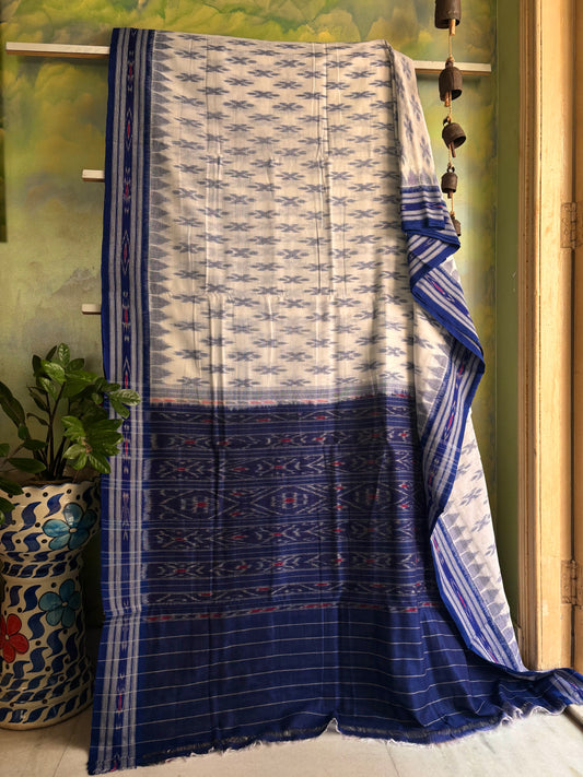 Handwoven White Blue Odisha Ikkat Cotton Saree