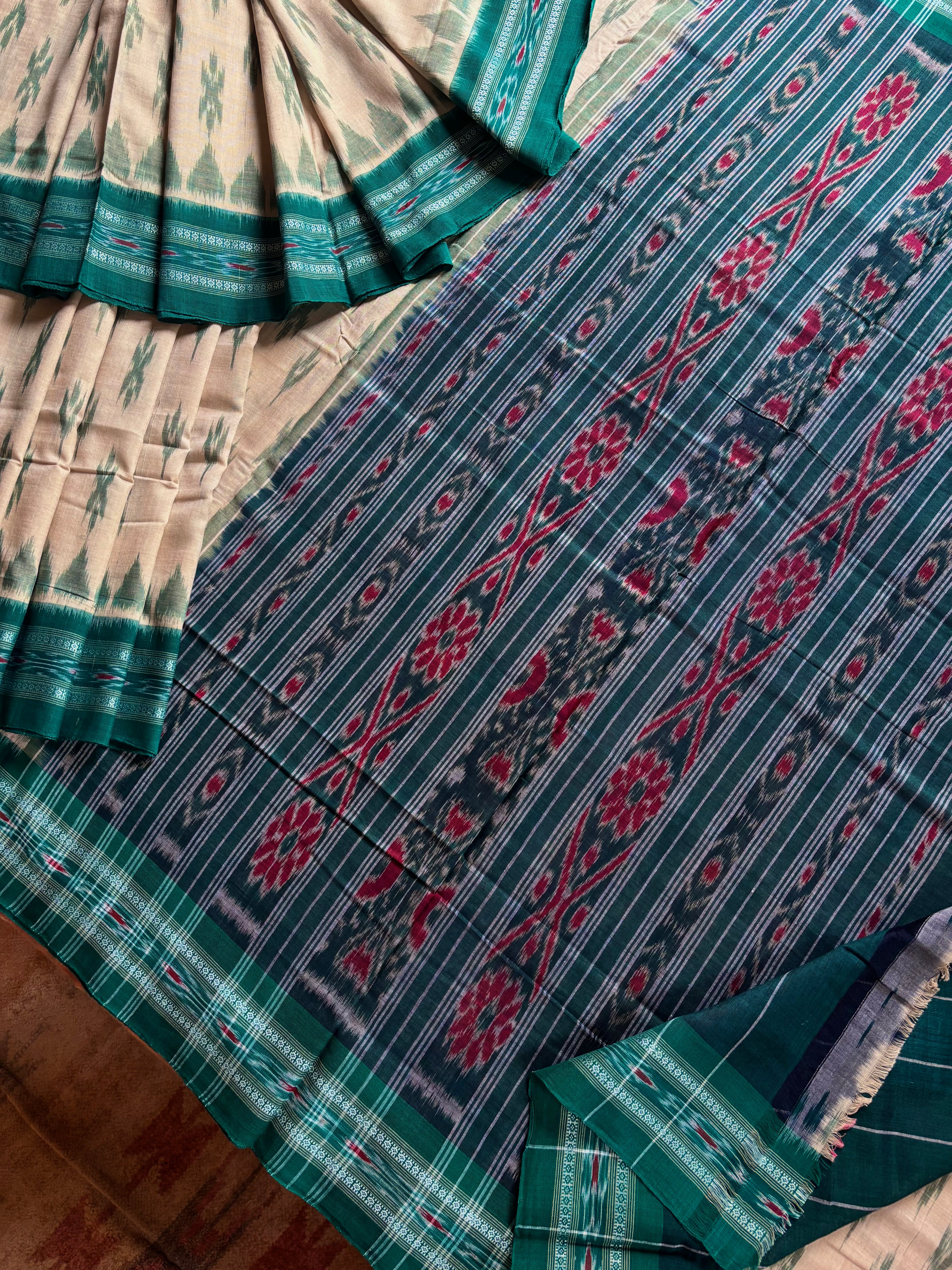 Handwoven Cream Teal Green Odisha Cotton Ikkat Saree