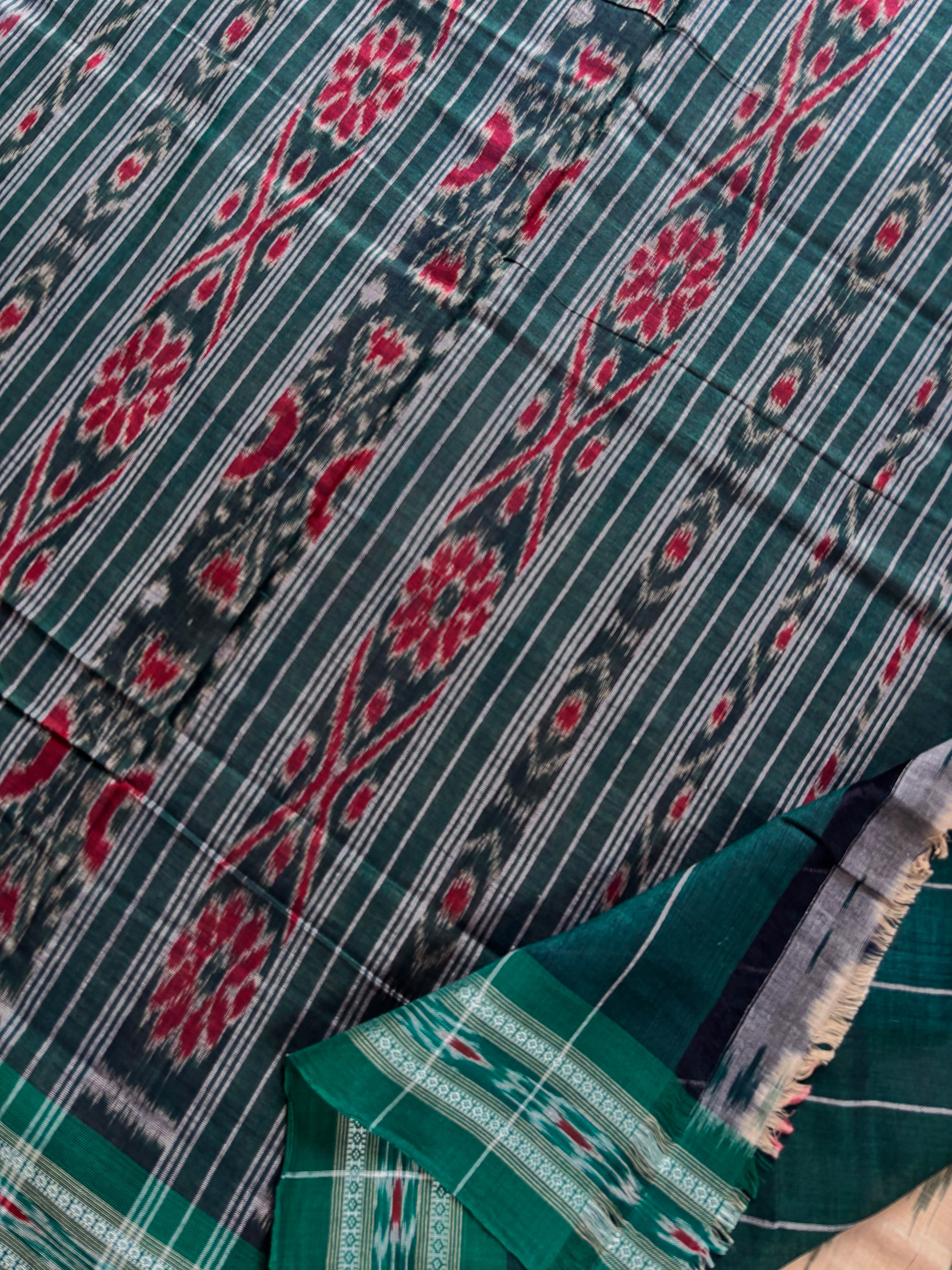 Handwoven Cream Teal Green Odisha Cotton Ikkat Saree