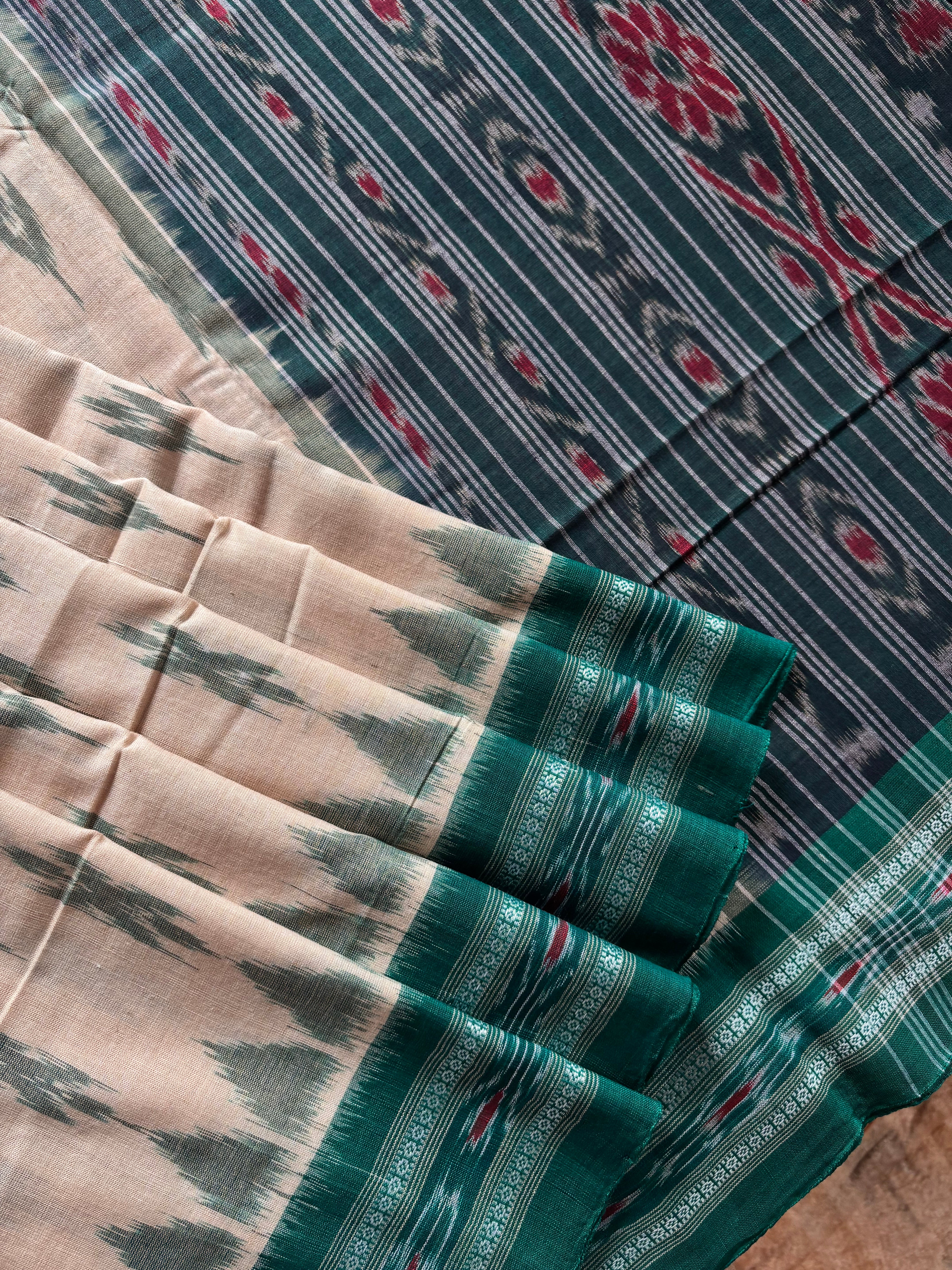 Handwoven Cream Teal Green Odisha Cotton Ikkat Saree