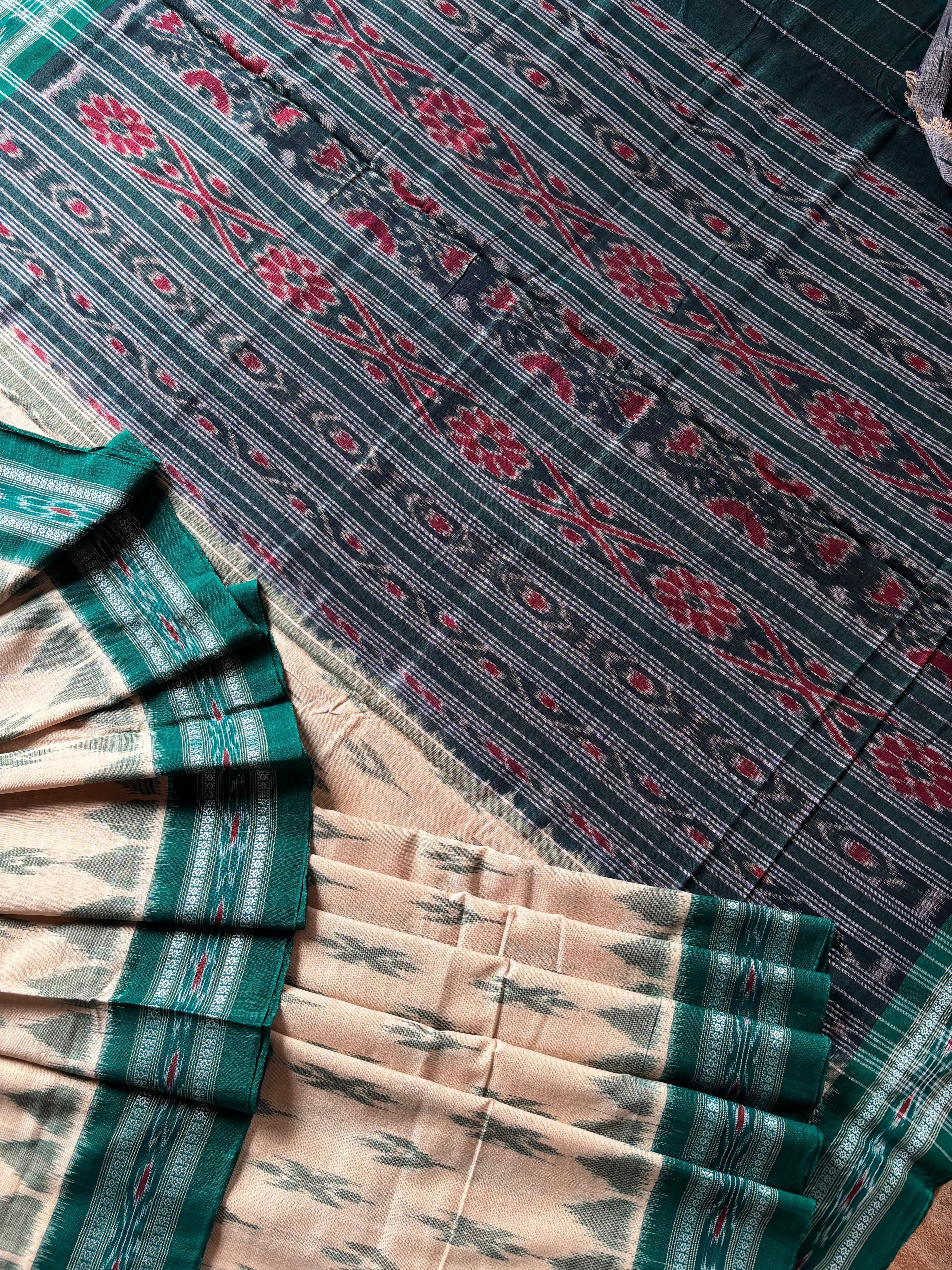 Handwoven Cream Teal Green Odisha Cotton Ikkat Saree