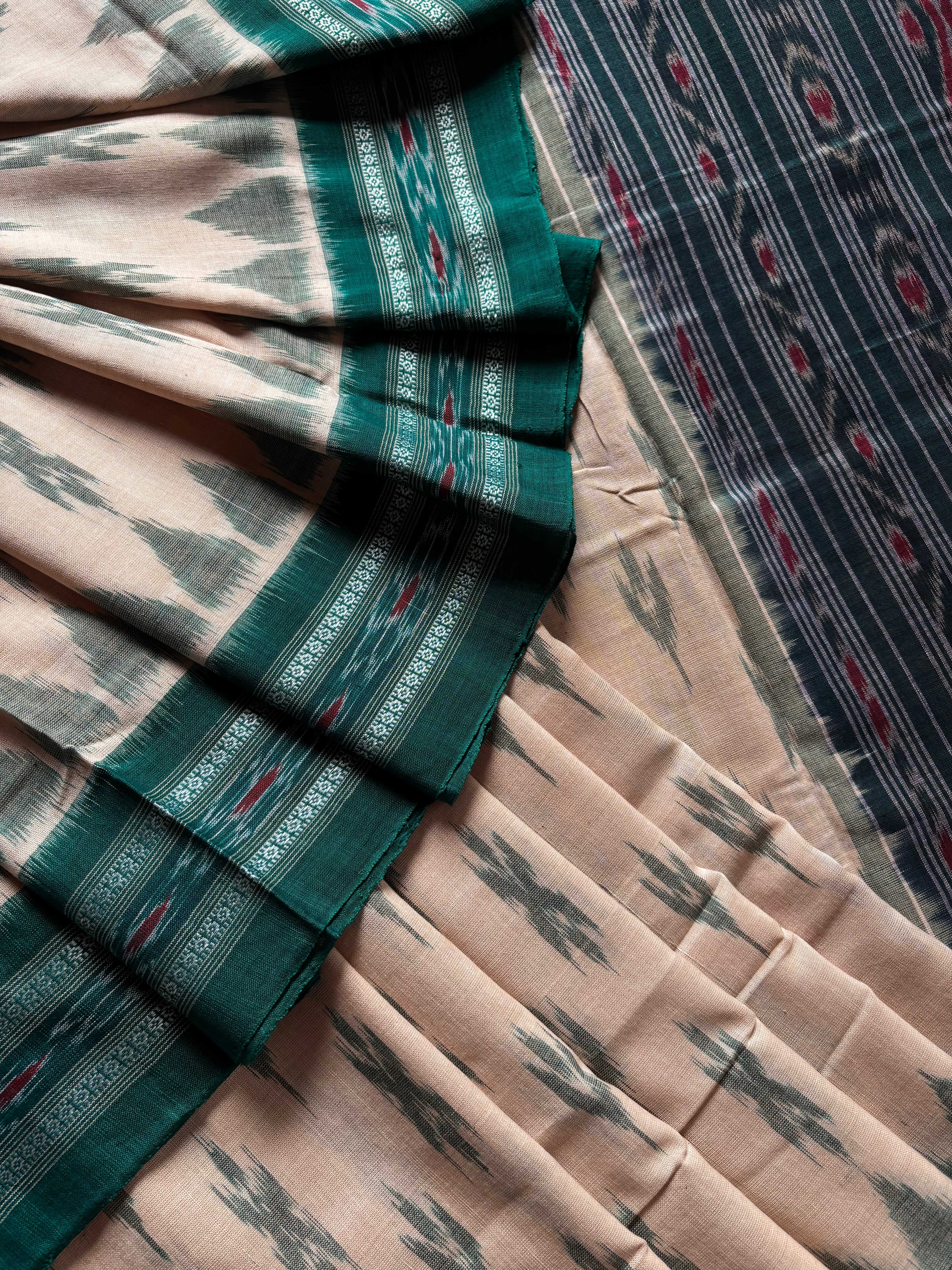 Handwoven Cream Teal Green Odisha Cotton Ikkat Saree