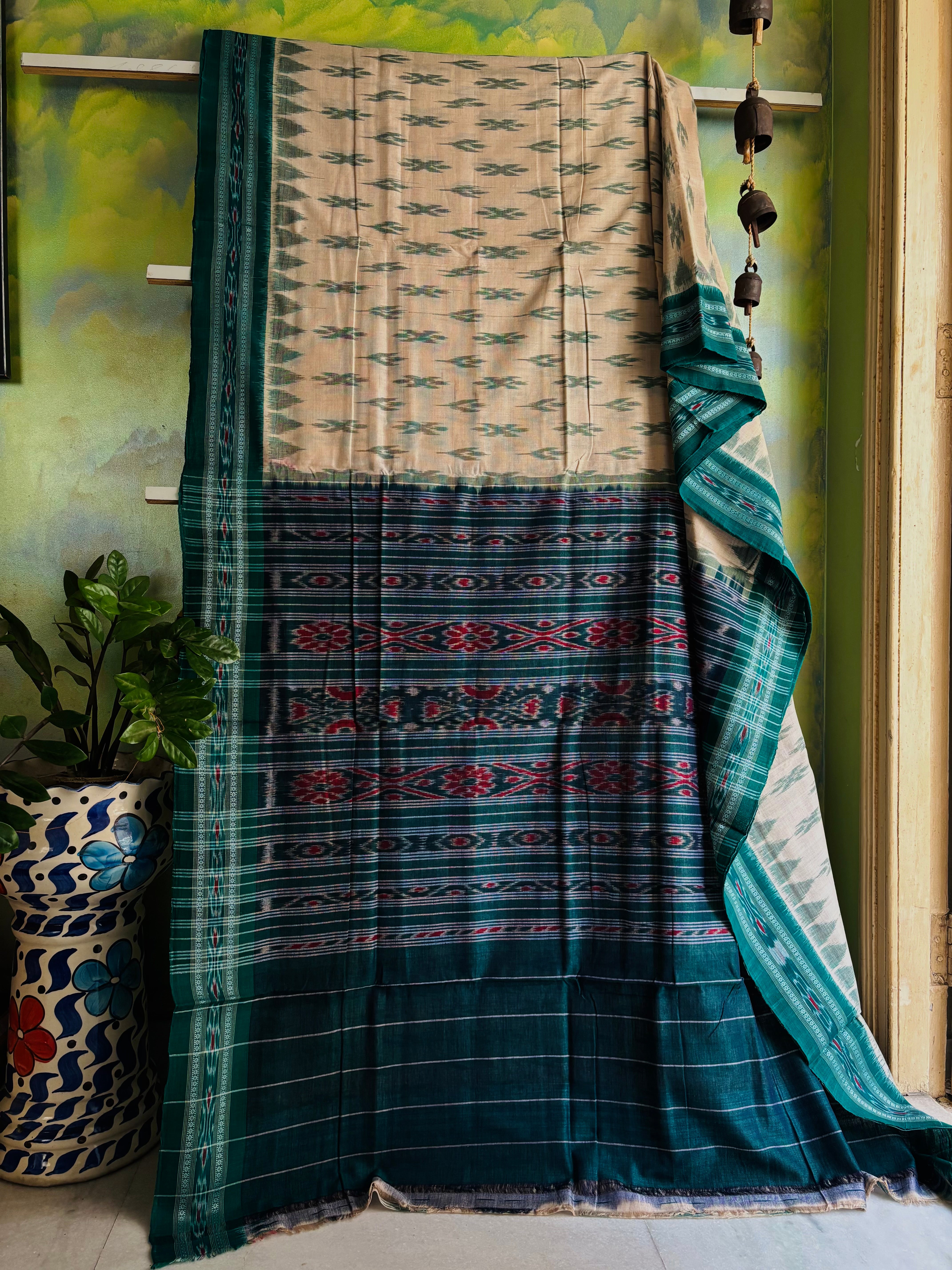 Handwoven Cream Teal Green Odisha Cotton Ikkat Saree