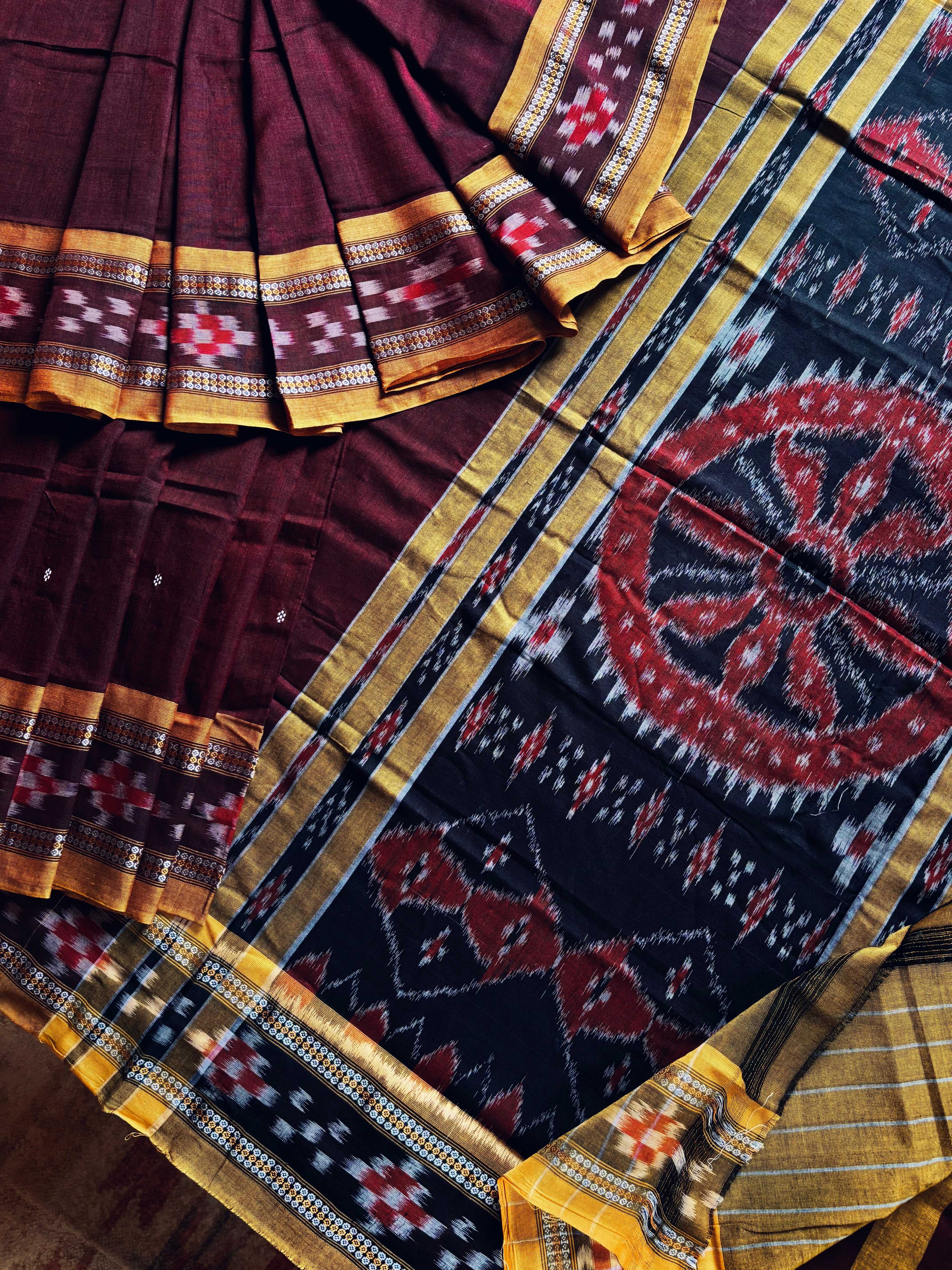 Handwoven Dark Brownish Wine Cotton Ikkat Saree