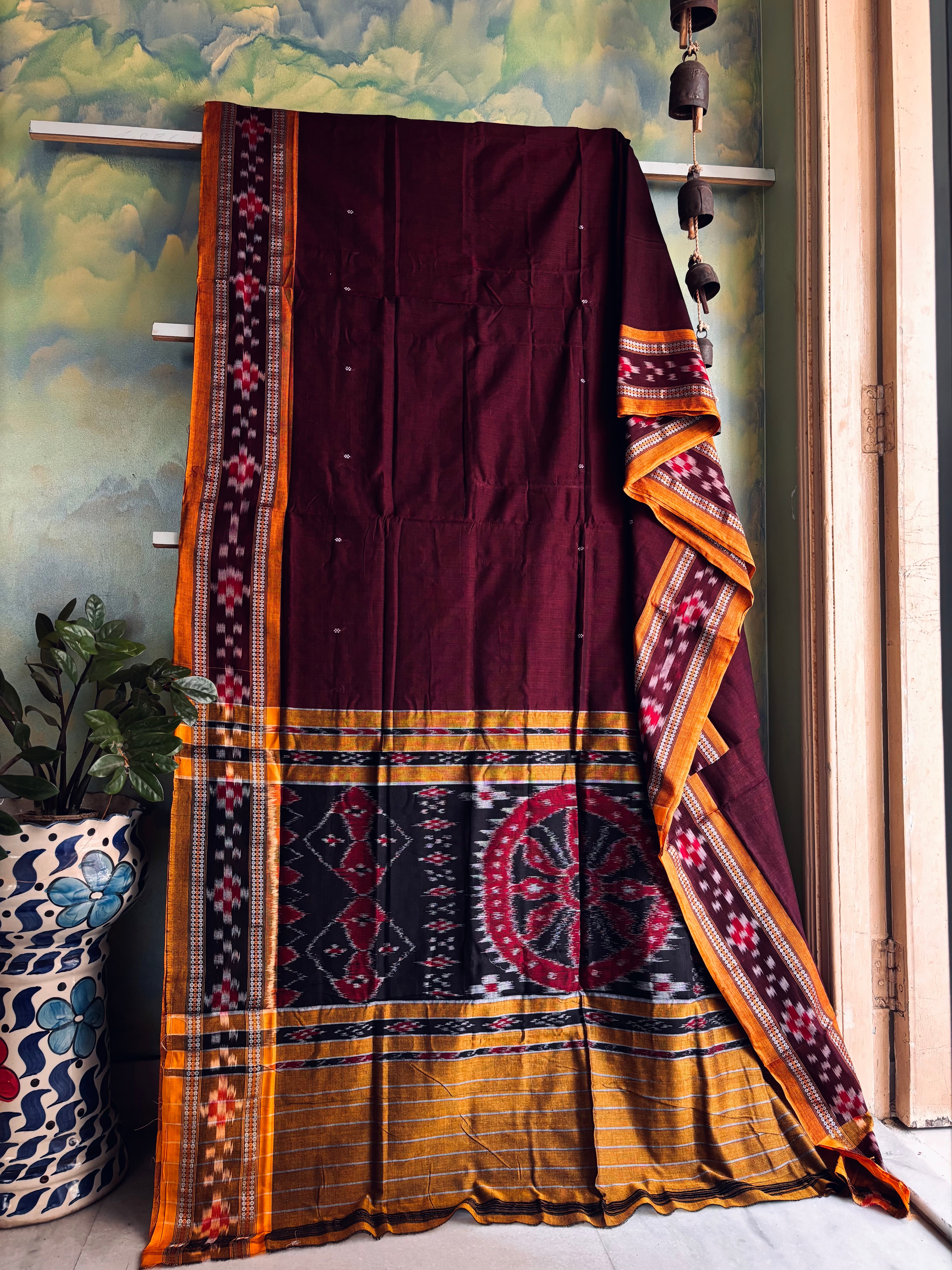 Handwoven Dark Brownish Wine Cotton Ikkat Saree