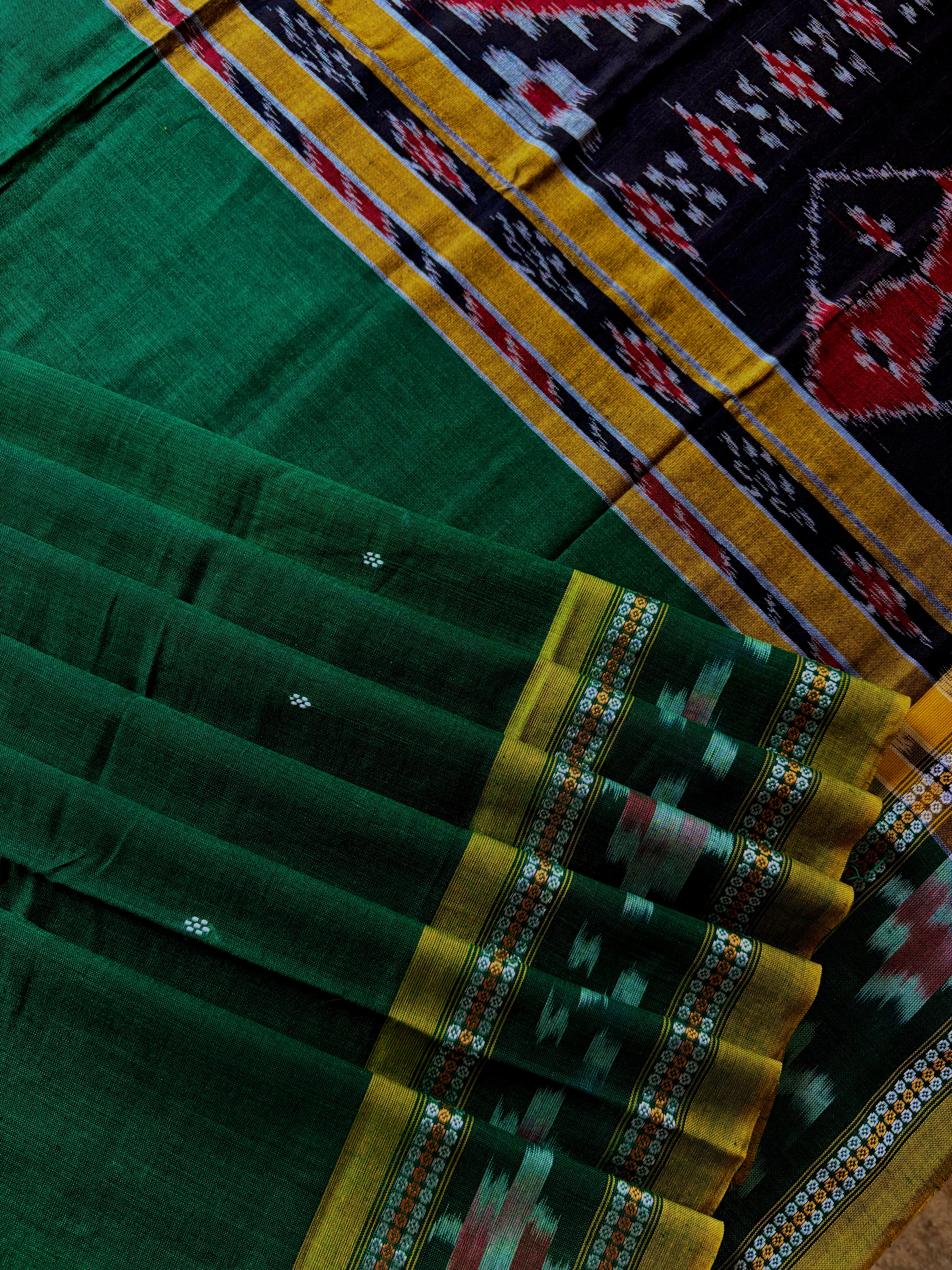 Handwoven Emerald Green Colour Odisha Cotton Ikkat Saree