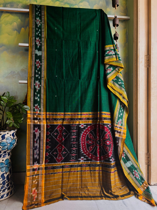 Handwoven Emerald Green Colour Odisha Cotton Ikkat Saree