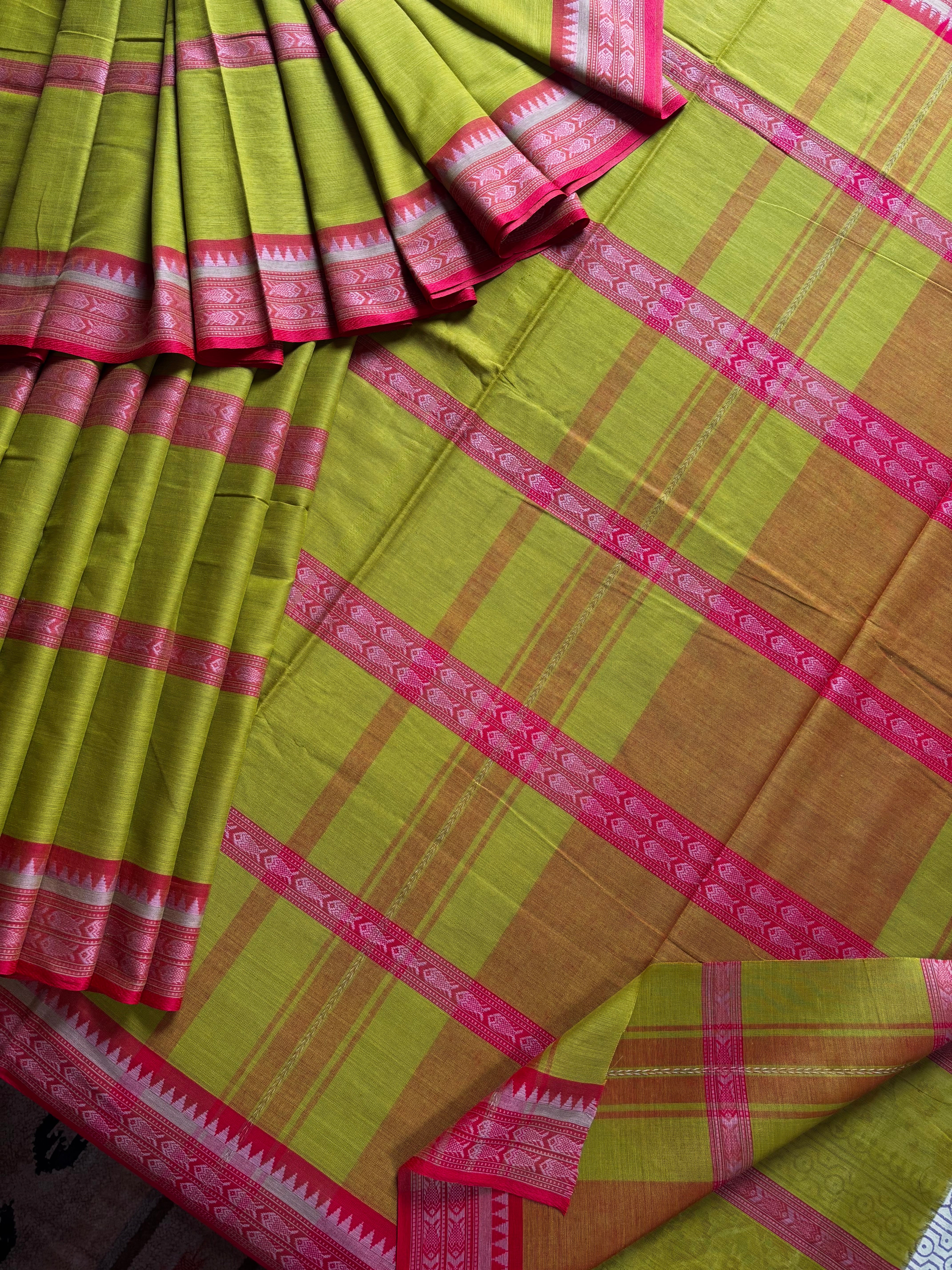 Handwoven Lime Green Colour Dhonekhali Cotton Saree