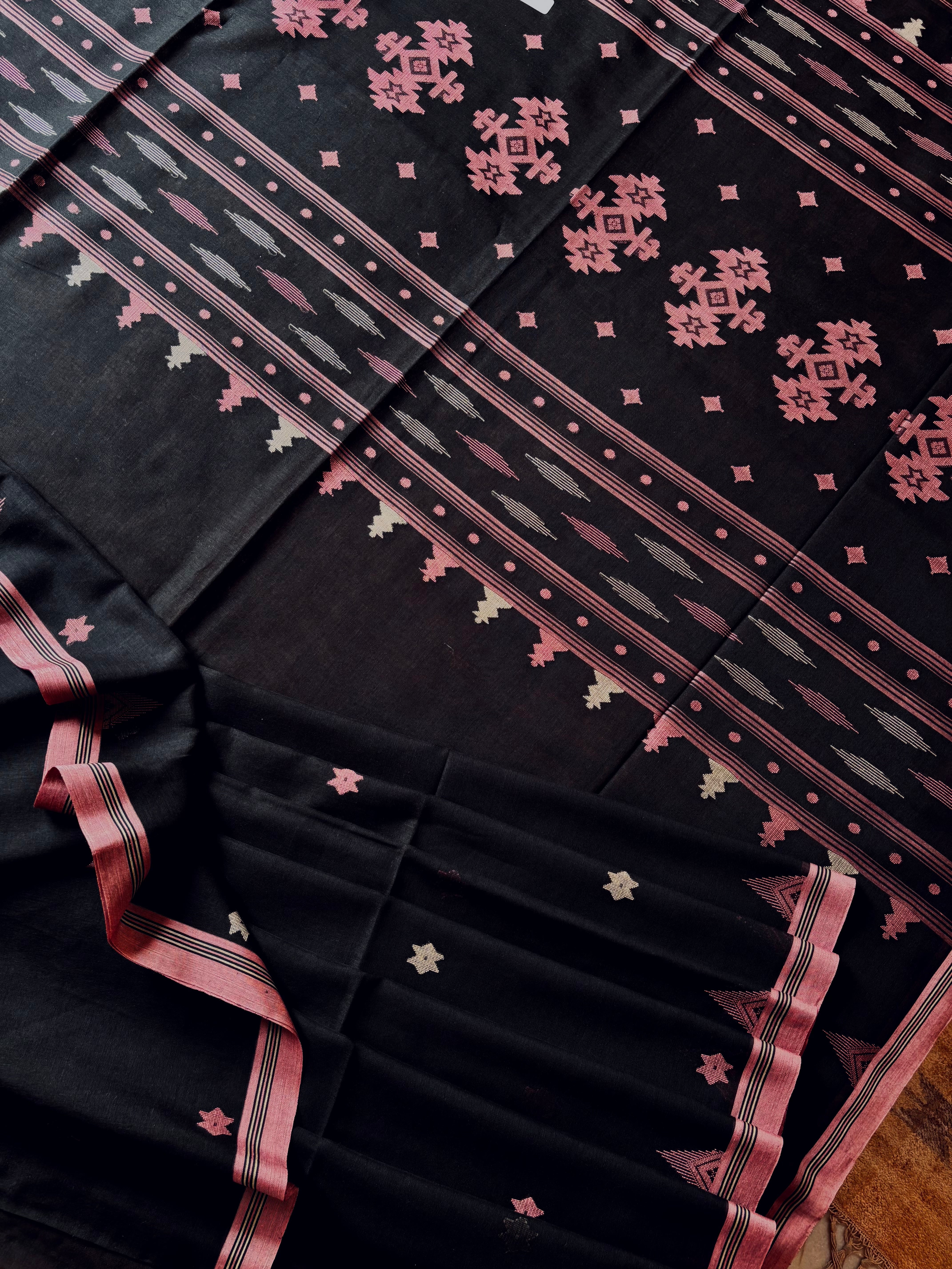 Handwoven Black Dusty Pink Cotton Jamdani Saree