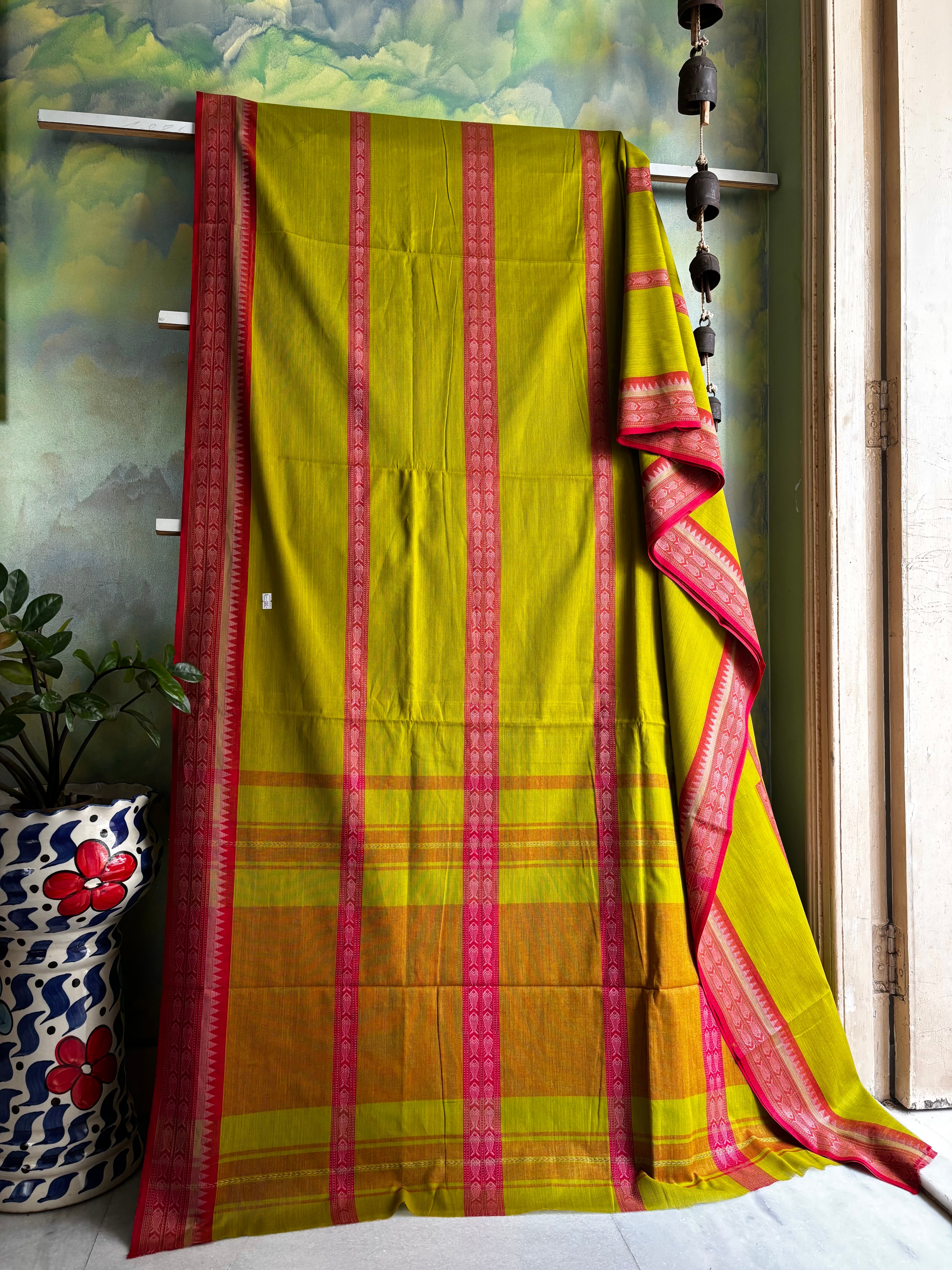 Handwoven Lime Green Colour Dhonekhali Cotton Saree