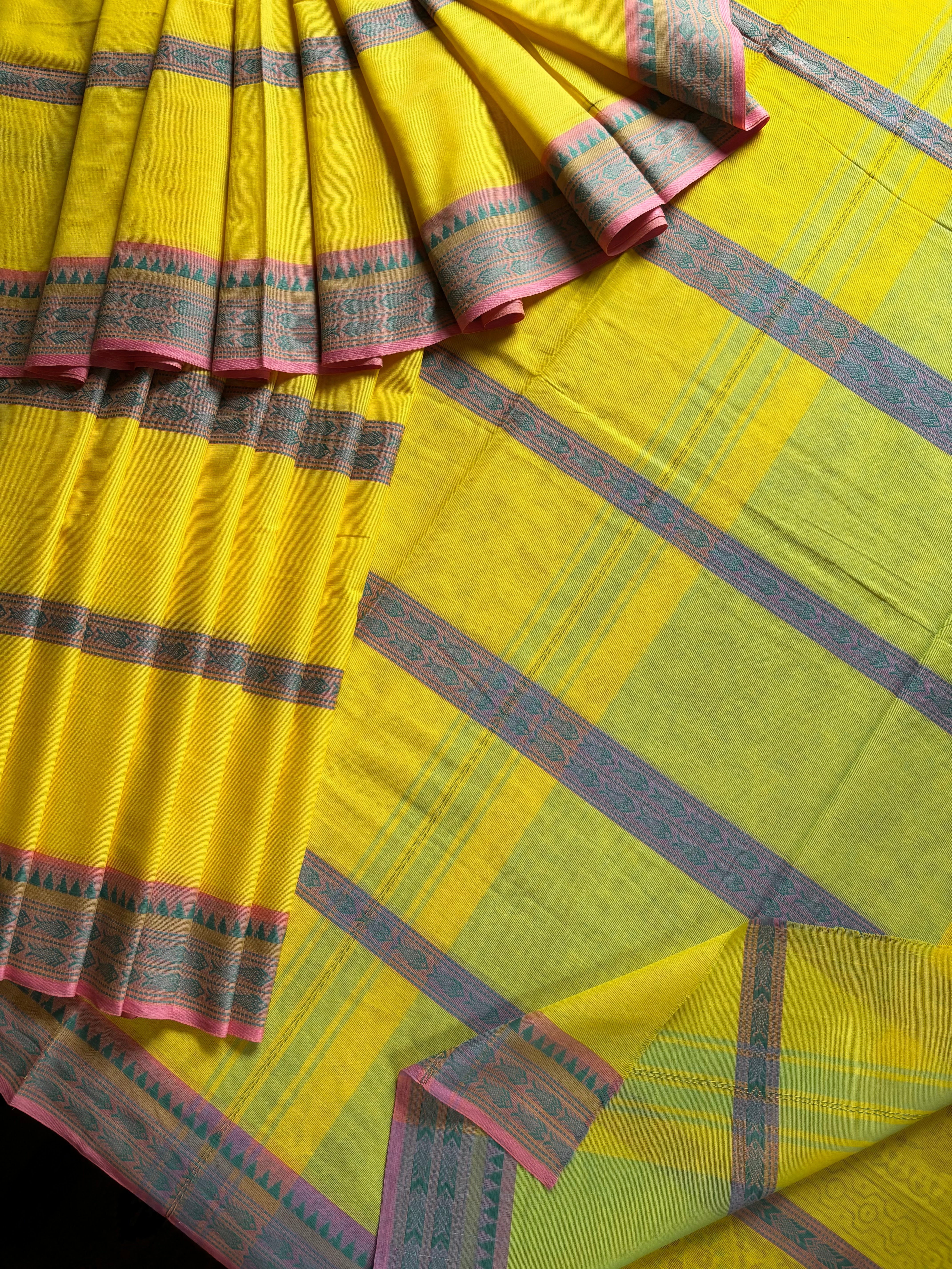 Handwoven Yellow Colour Dhonekhali Cotton Saree