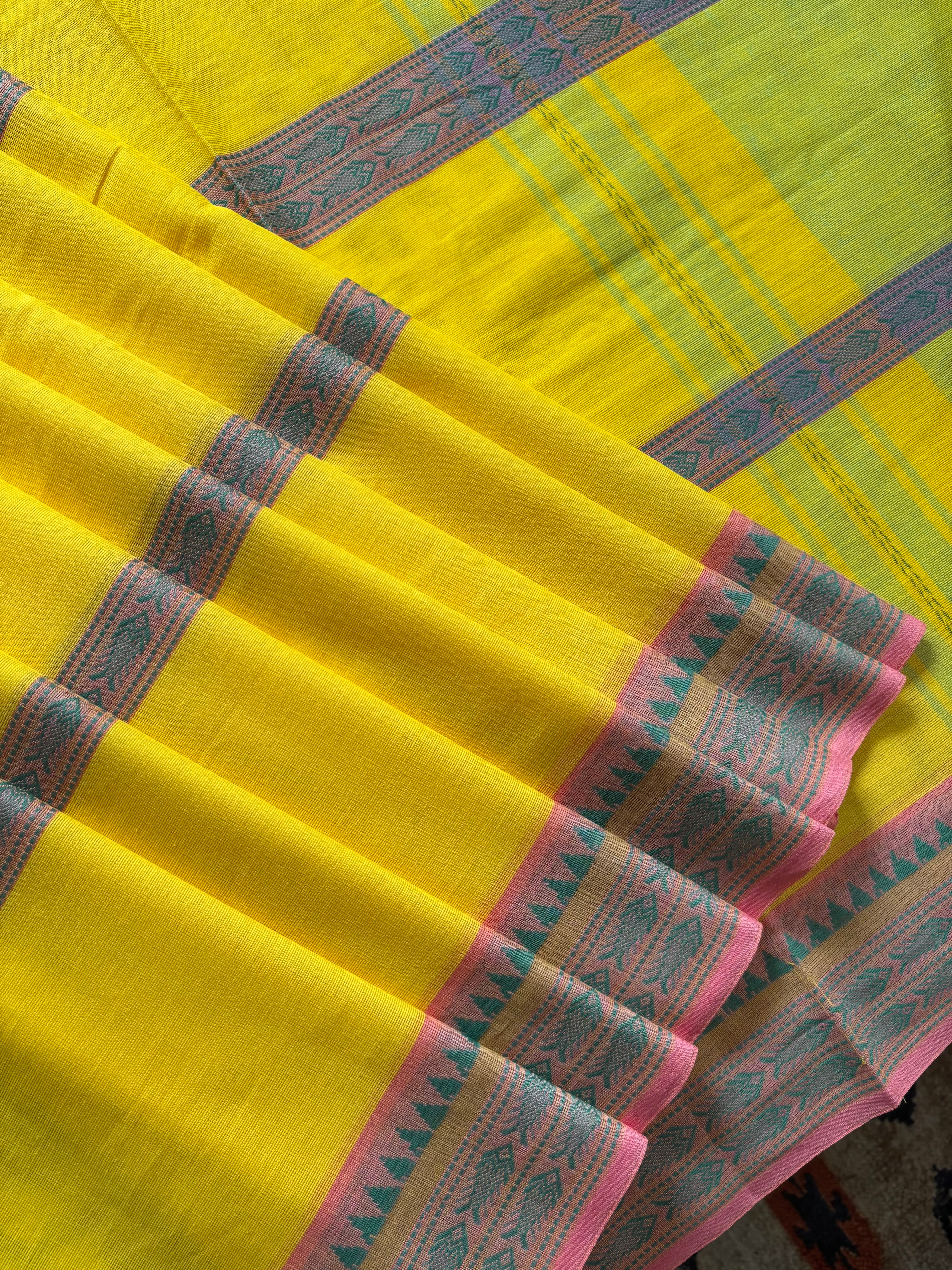 Handwoven Yellow Colour Dhonekhali Cotton Saree